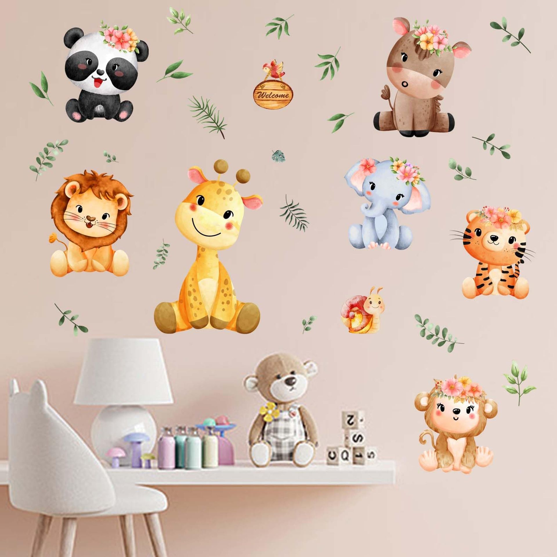 Amimagen Jungle Baby Animals Wall Stickers - Monkey Elephant Lion Tiger Giraffe Panda Wall Decals - Nursery Kids Girls Boys Room Daycare Playroom Classroom Wall Decor