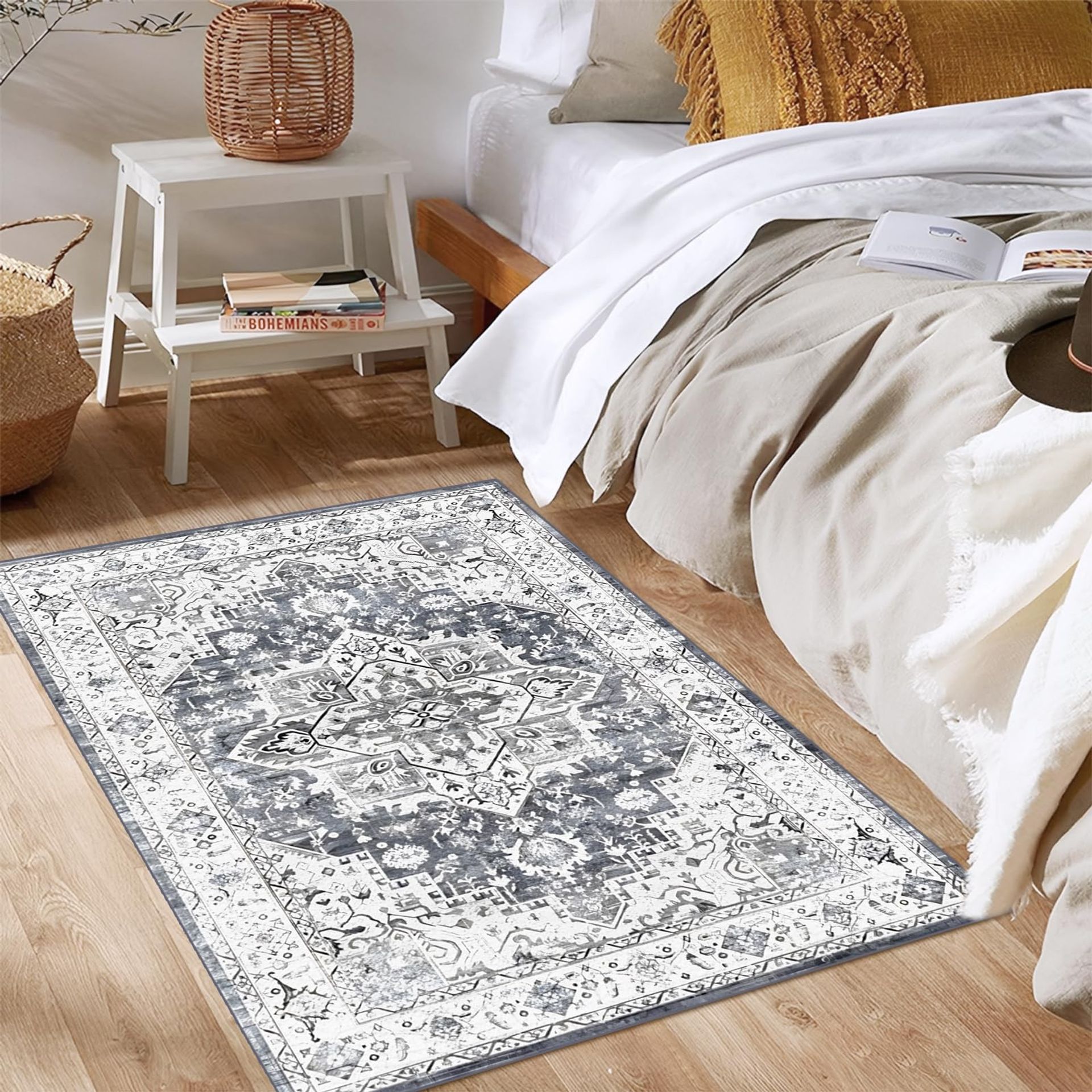 Machine Washable Moroccan Boho Rug 120x160cm - Soft Short Pile Grey Area