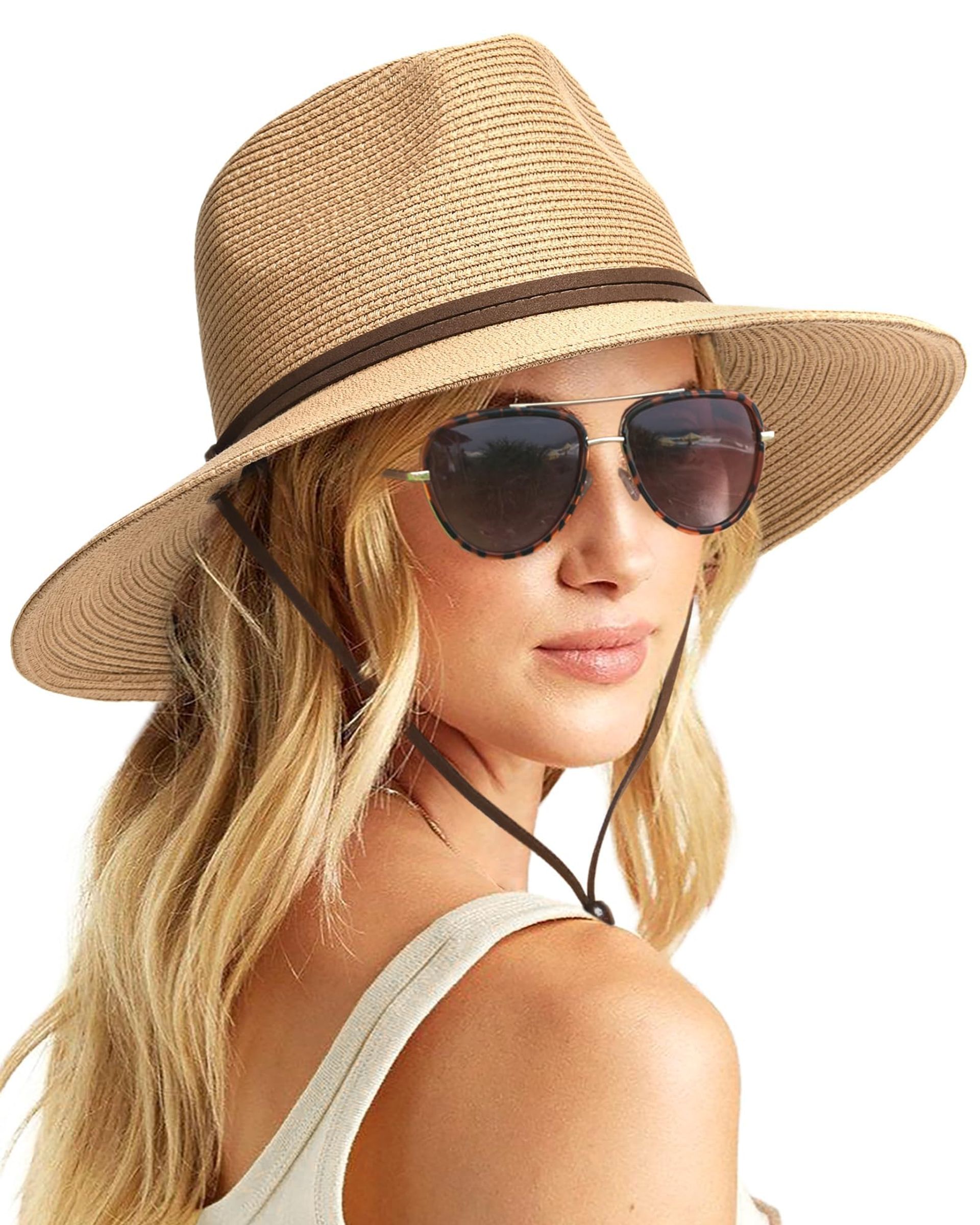 Unisex Beige Summer Straw Sun Hat with Wide Brim & Wind Lanyard - Perfect for Beach & Outdoor Adventures