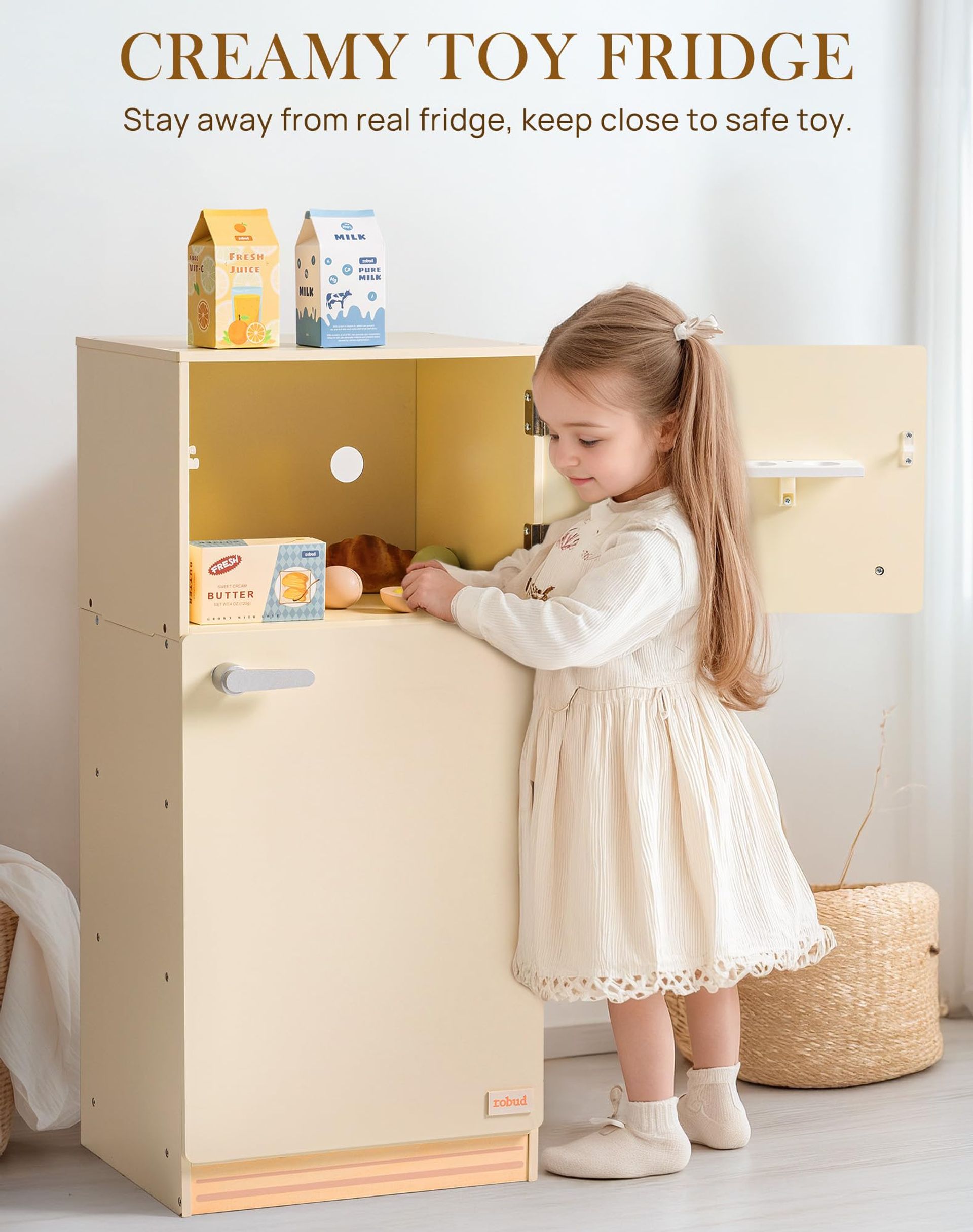 Wooden Toy Fridge Kids Play Kitchen Refrigerator Pretend Play Set With Ac