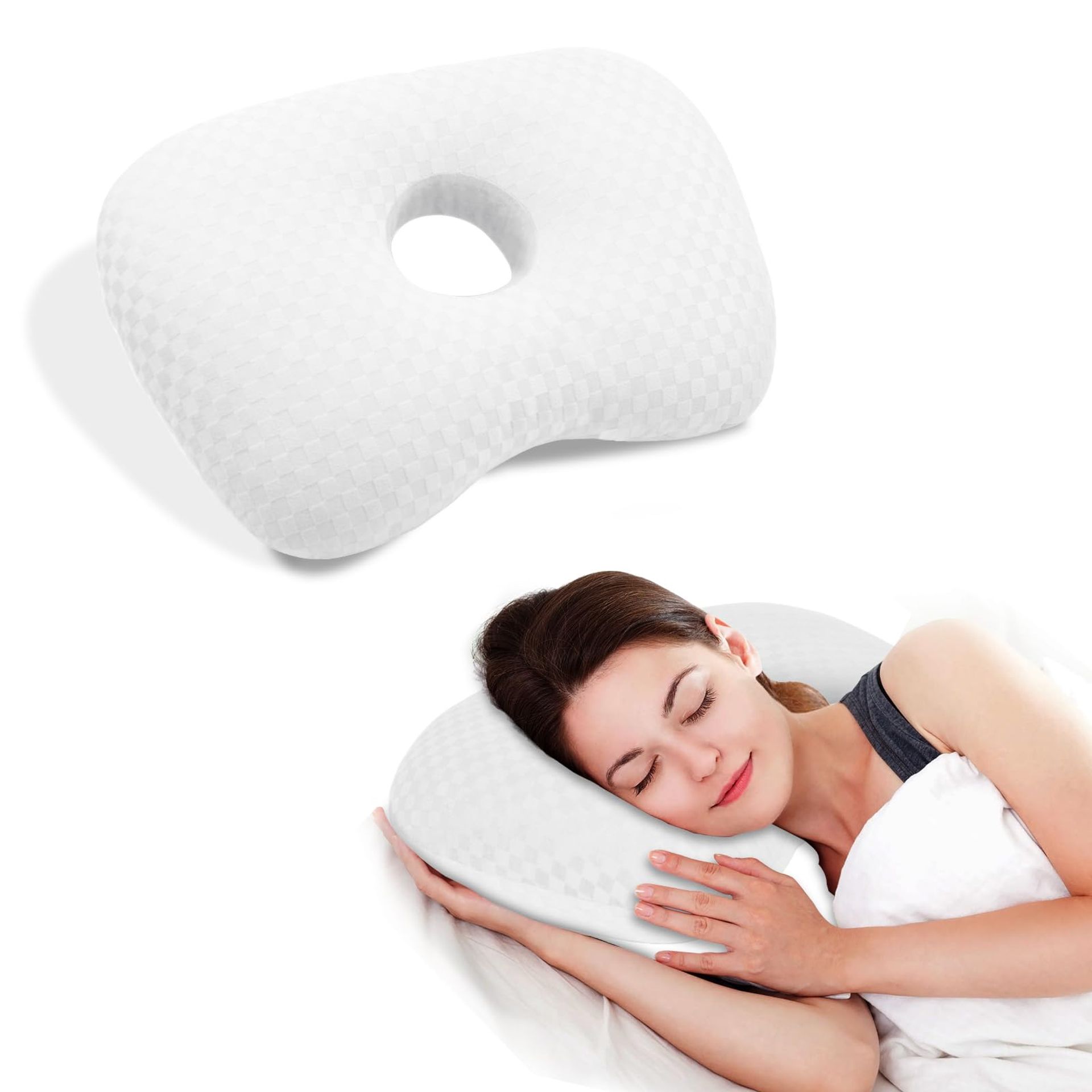 Ear Piercing Hole Pillow Side Sleeper Cushion with Ear Hole for CNH, Ear Pain and Pressure Relief, Adjustable Cotton and Polyester - White Curved Style