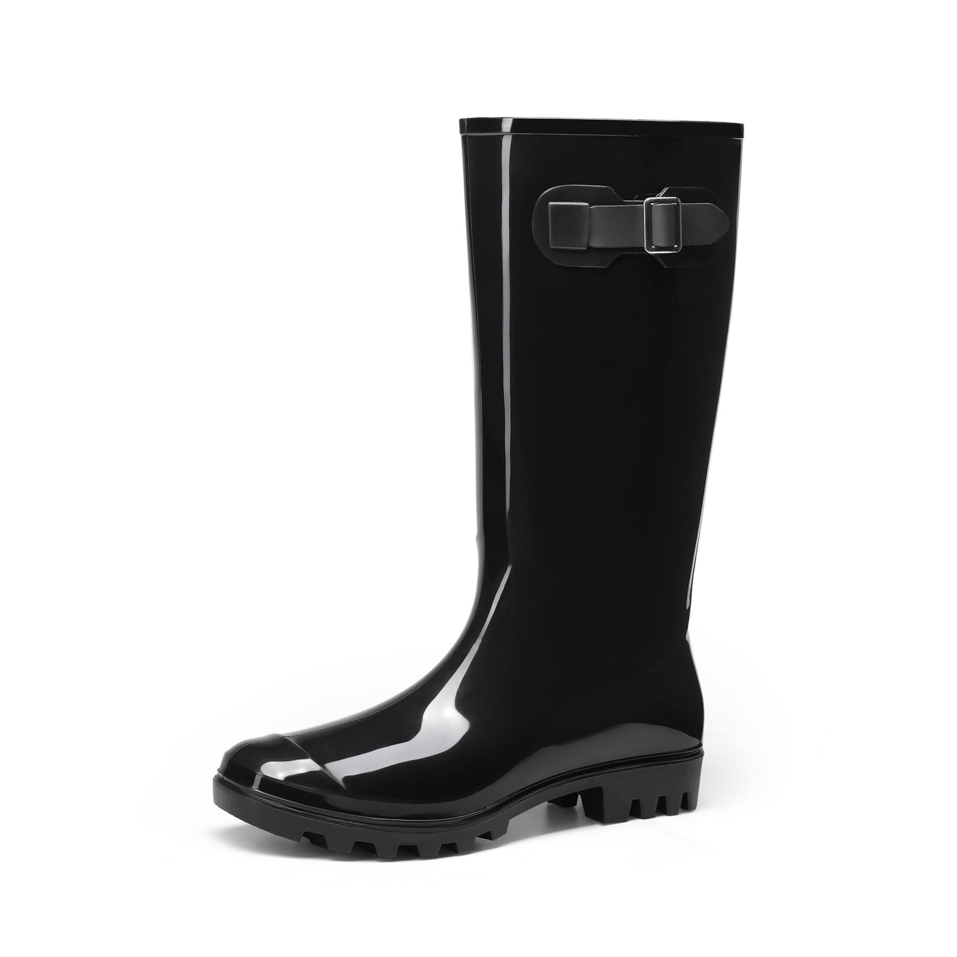 Women's Wellington Boots Knee High Waterproof Side-Buckle Dog Walking Wellies - Black UK 6.5