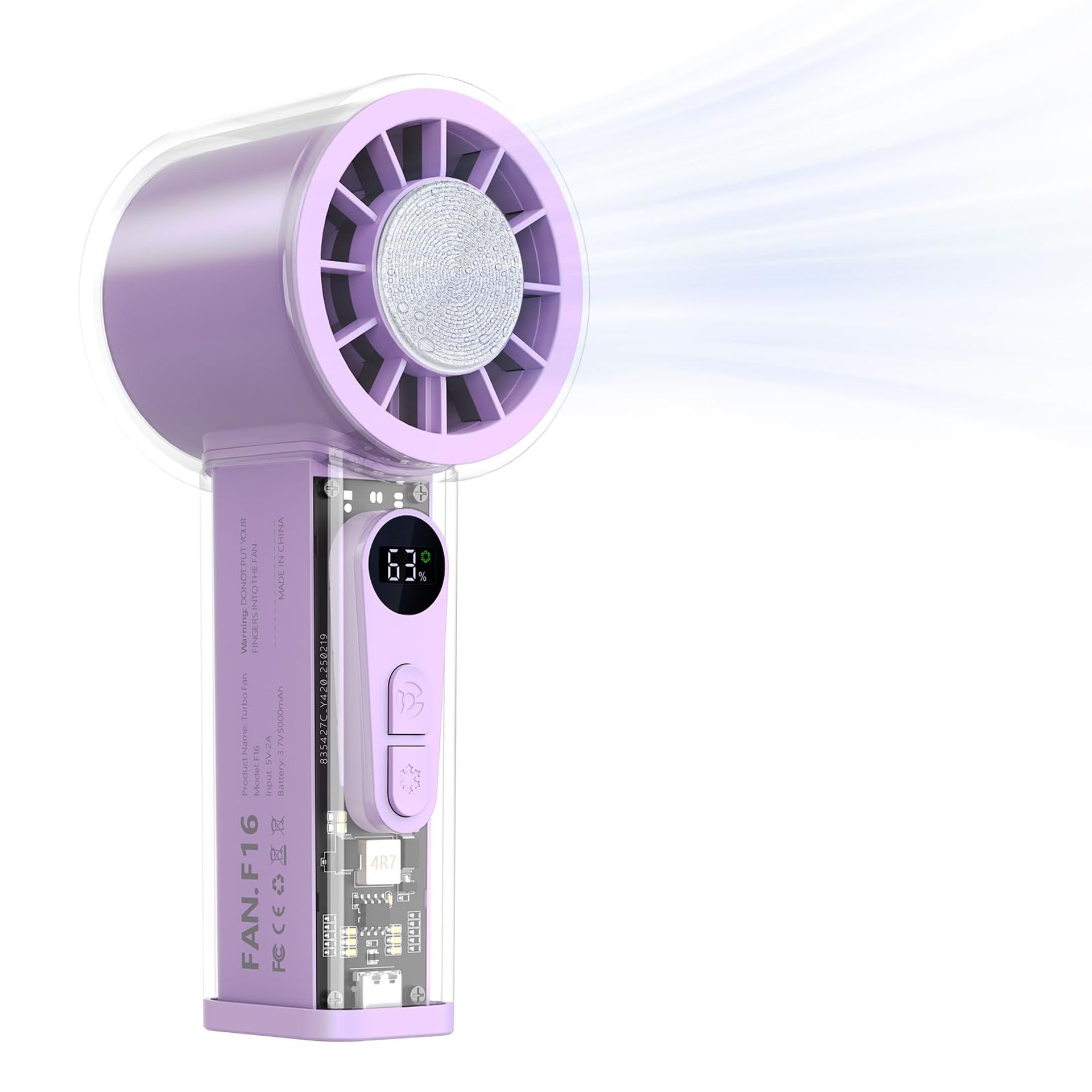Handheld Turbo Fan with Ice Cooler Dual Airflow 5000mAh Rechargeable 6-Speed Personal Fan for Travel and Outdoors - Purple temF16