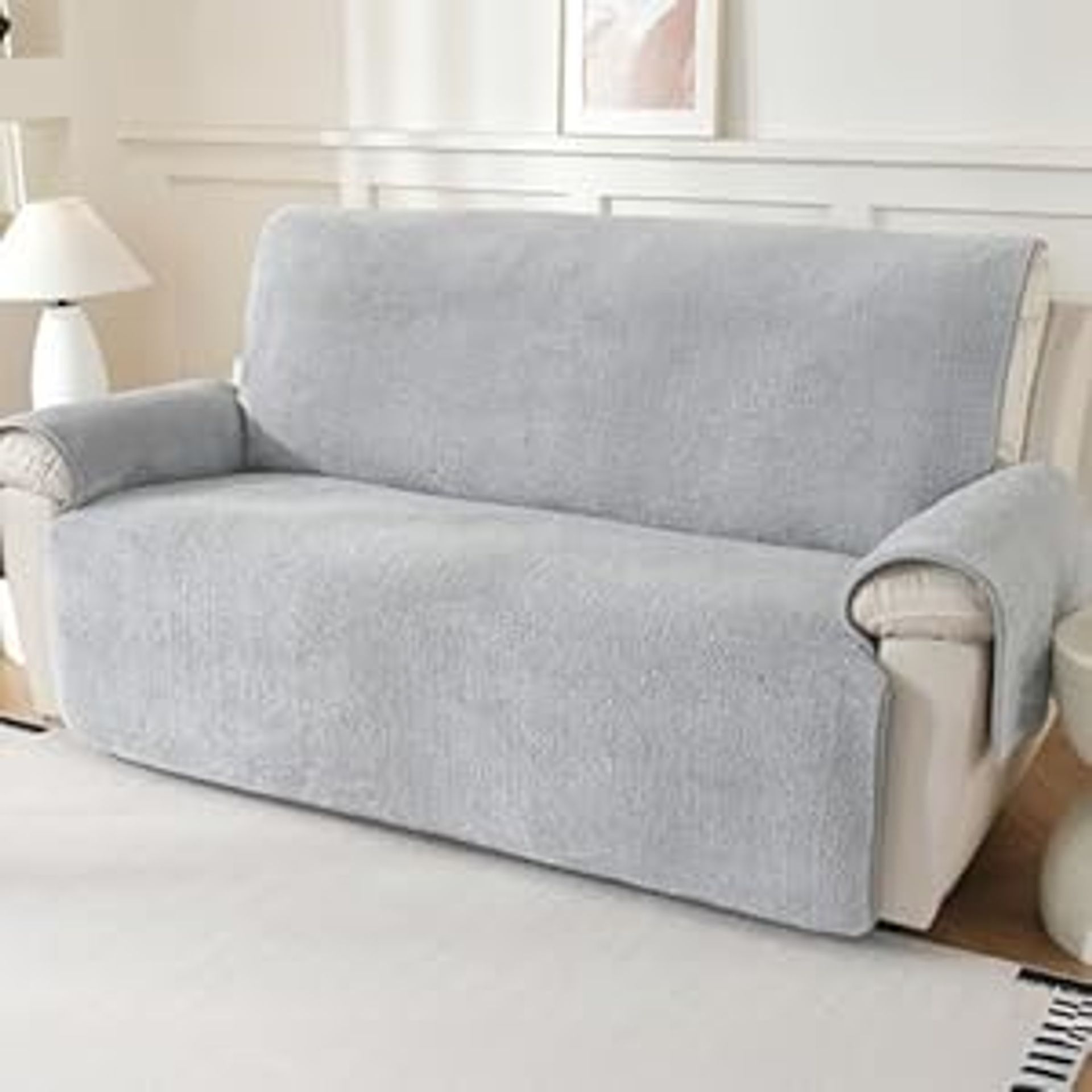 Sherpa Fleece Sofa Cover Non-Slip Protector for Leather & Fabric Sofas, Soft Plush Washable Couch Throw - Light Grey 3 Seater