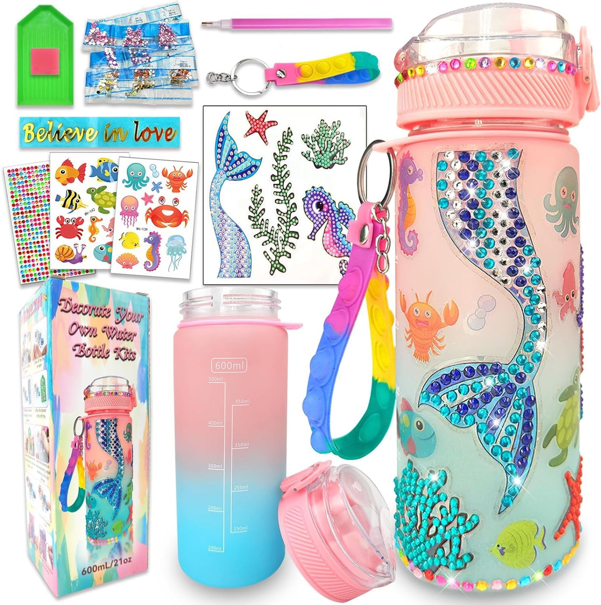 DIY Mermaid Diamond Water Bottle Craft Kit for Girls 5-12 Years - Fun Creative Gift