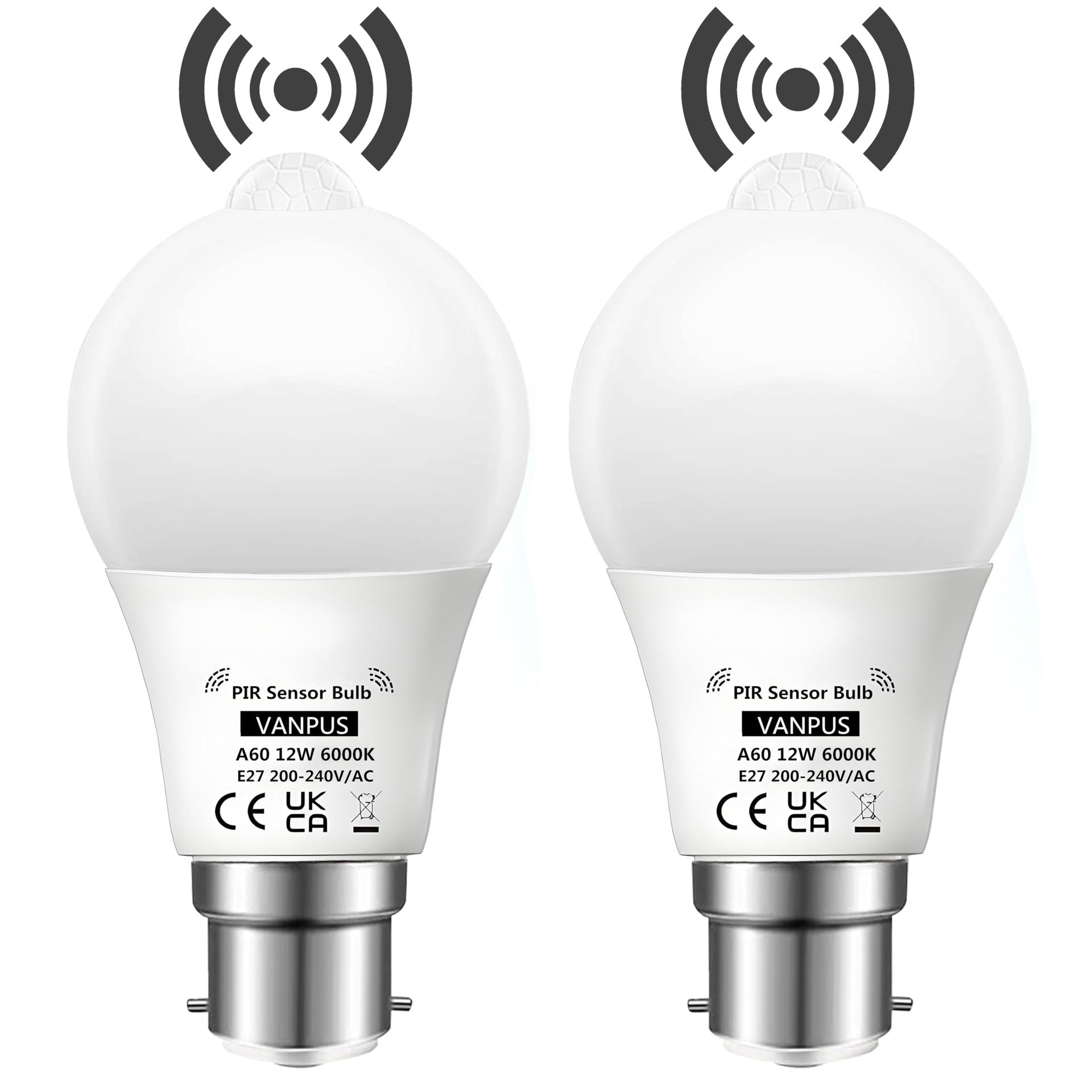 Motion Sensor Dusk to Dawn LED Light Bulbs Auto On/Off B22 A60 12W Energy Saving Lamps (2 Pack) - Daylight White