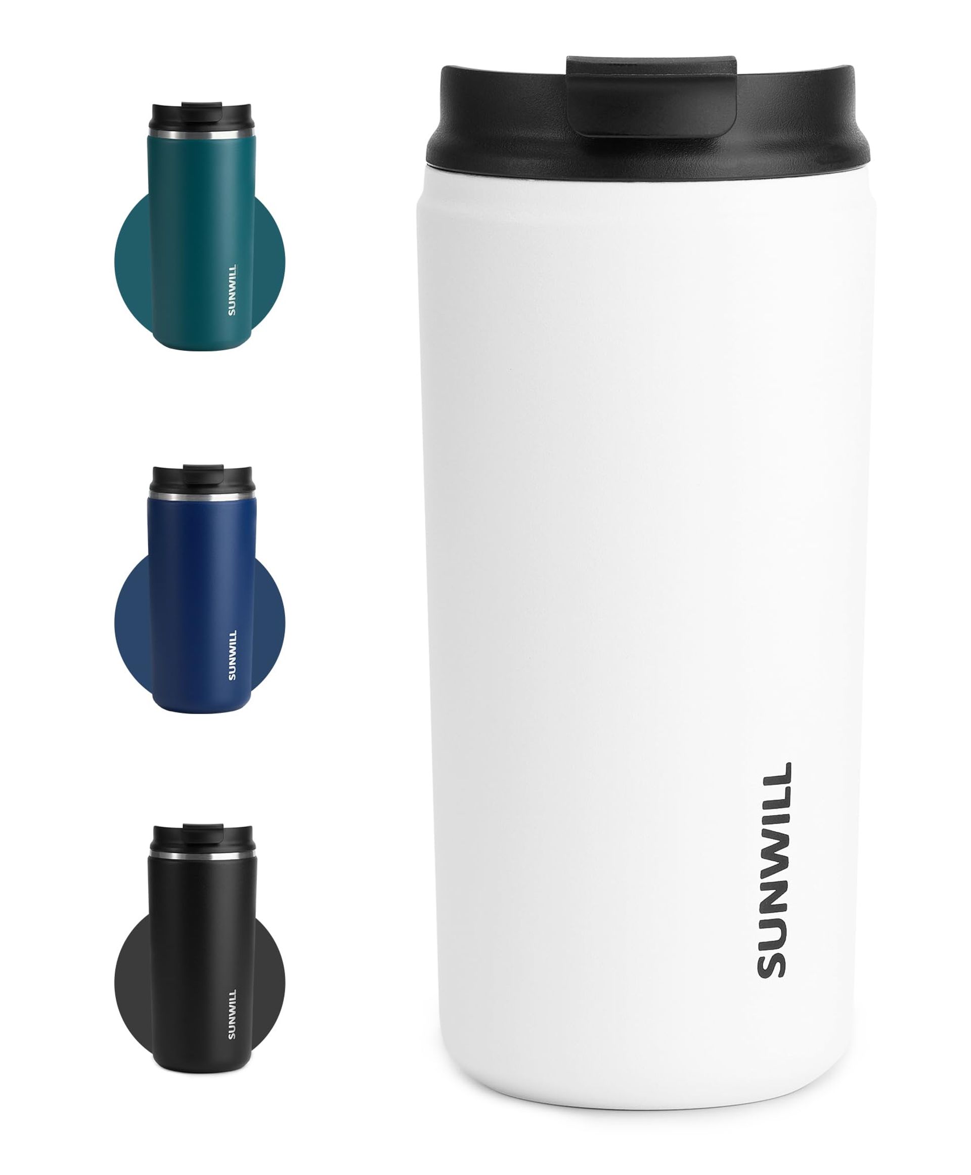 SUNWILL 355ml White Stainless Steel Travel Mug with Leakproof Lid - Keeps Drinks Hot/Cold