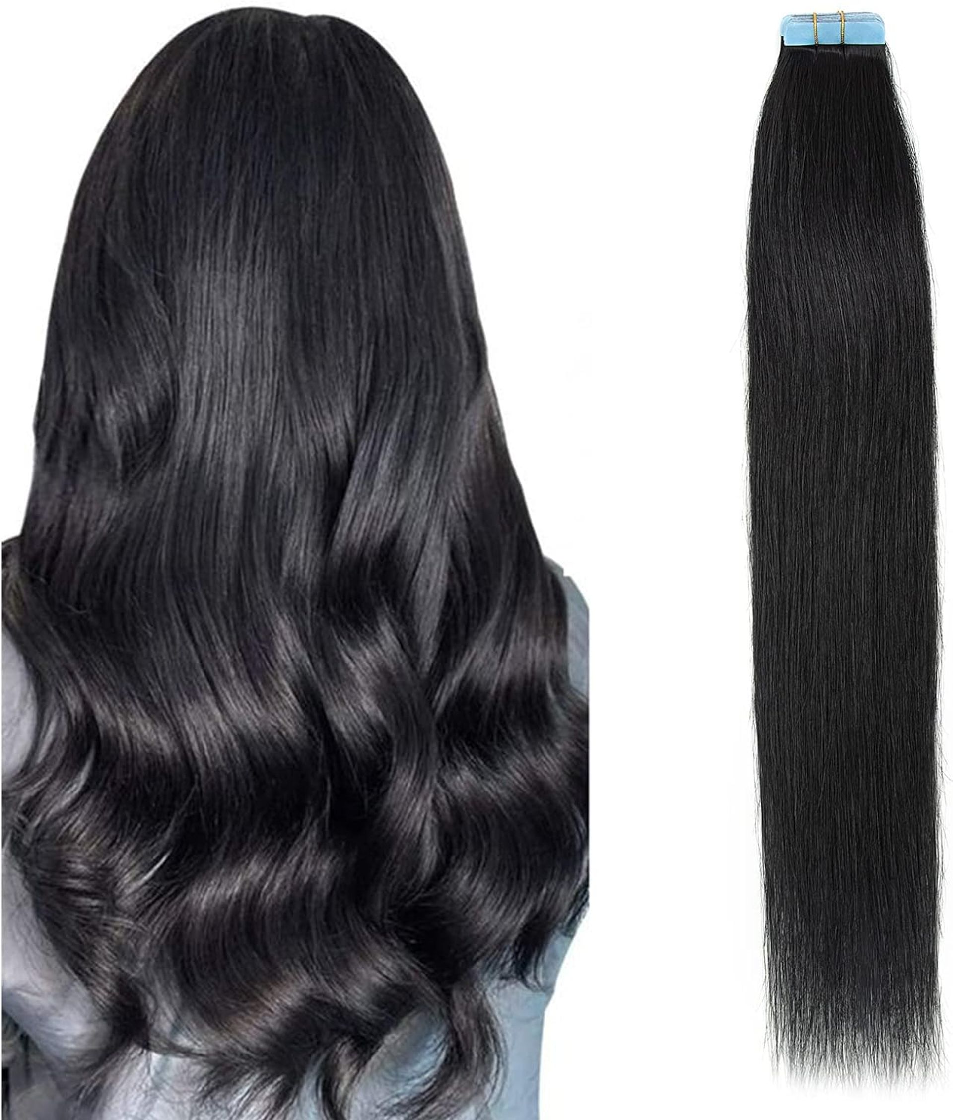 Tape In Hair Extensions 100% Real Human Hair Seamless Skin Weft Straight 20pcs 40g Pack - Jet Black 16 Inch