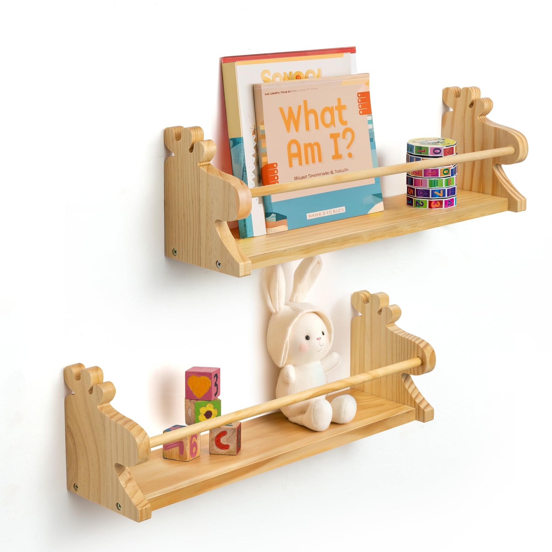 Kids Wooden Floating Wall Bookshelves Set of 2 Nursery Storage Racks Deer Design - Nature Wood Cute Deer