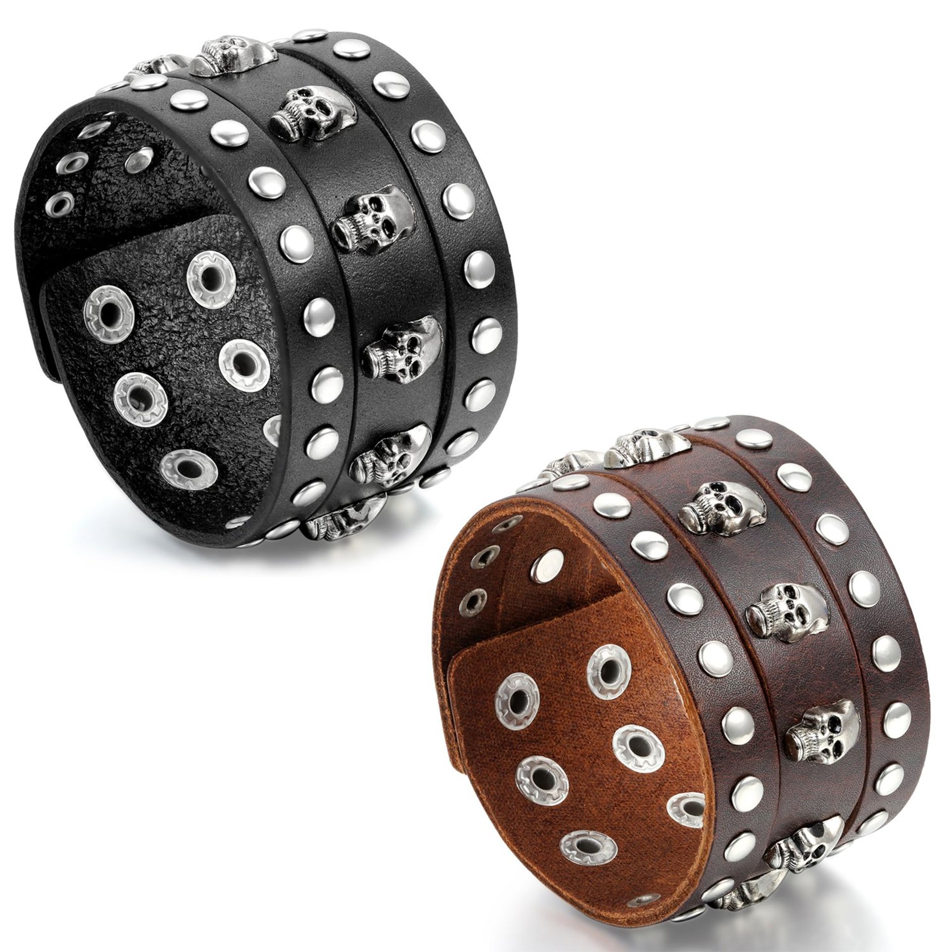 JewelryWe 2PCS Unisex Gothic Punk Rock Style Skull Rivet Adjustable Wide Leather Wristband Cuff Wrap Bracelet Bangles, Fits 7.5"- 8.7" Wrist