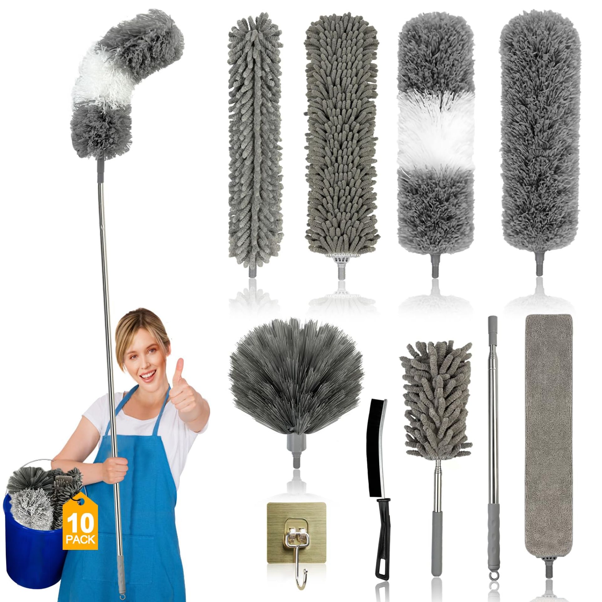 10-Piece Extendable Feather Duster Kit with Bendable Brush for High Ceilings & Furniture