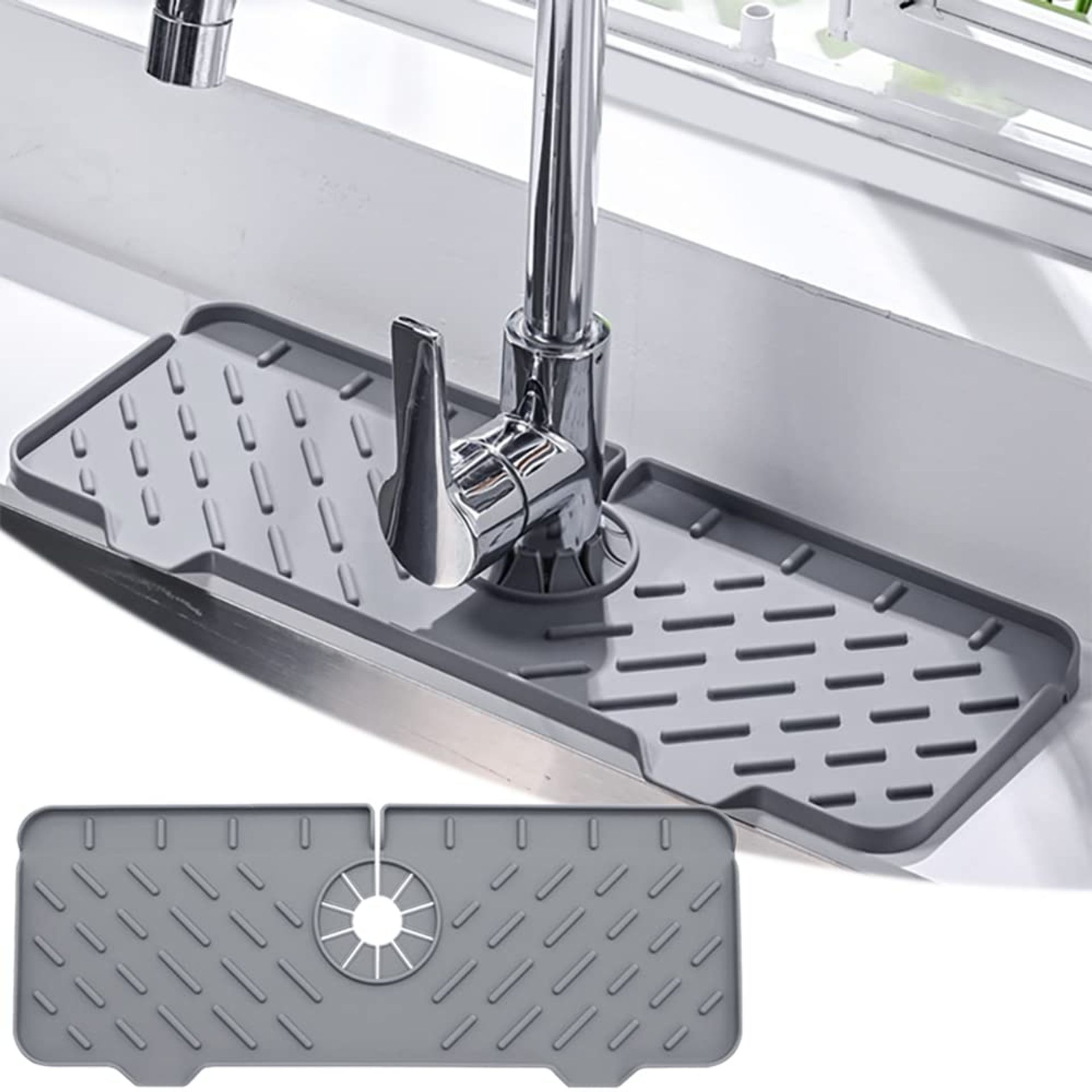 Silicone Faucet Drip Catcher Tray 40cm x 15cm - Splash Guard Mat for Kitchen & Bathroom, Grey