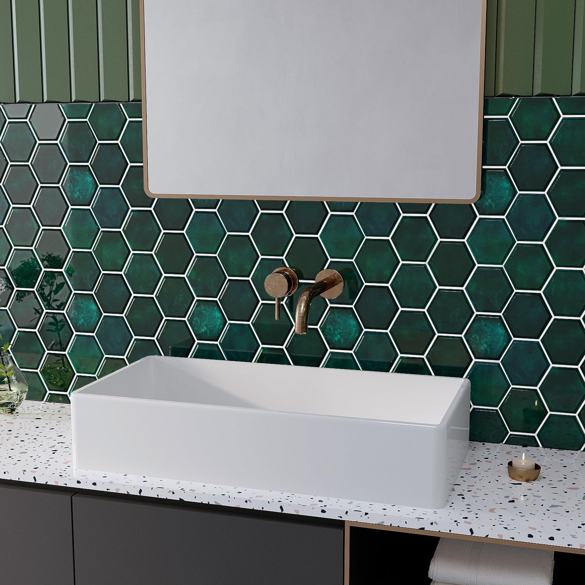 Hexagonal 3D Tile Stickers Self Adhesive Waterproof Easy Clean Vinyl for Kitchen Bathroom Fireplace Walls Pack of 6 - Dark Green 30.5cm x 30.5cm