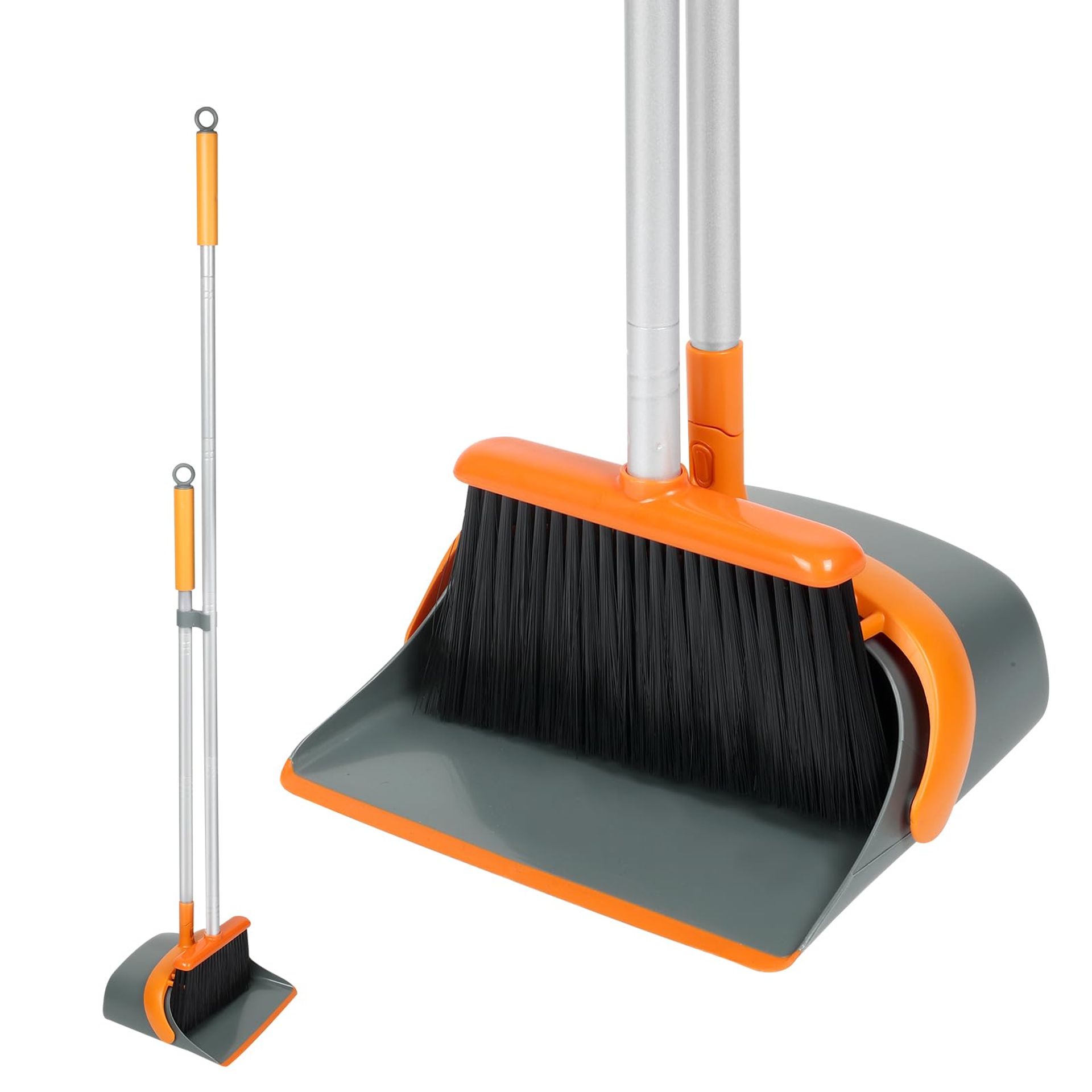 Dirty Fox Broom and Dustpan Set with 54 Inch Long Handle - Perfect Dust Pan and Brush Combo for Home Efficient Cleaning (Orange and Grey)