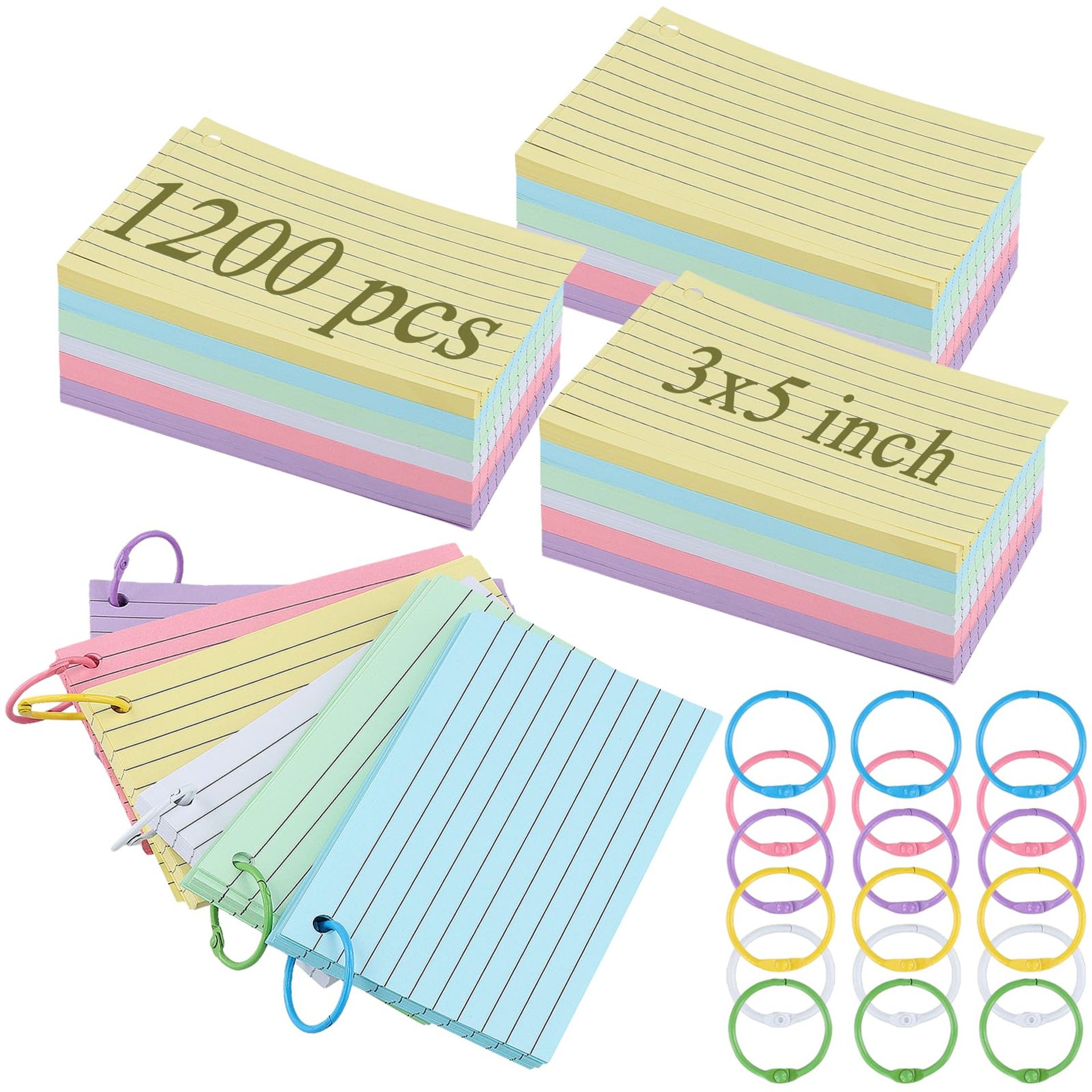 Index Cards 1200 Pack A7 Ruled Flash Cards with Metal Binder Rings for Study, Notes and Revision - Multicolour 3x5 Inch