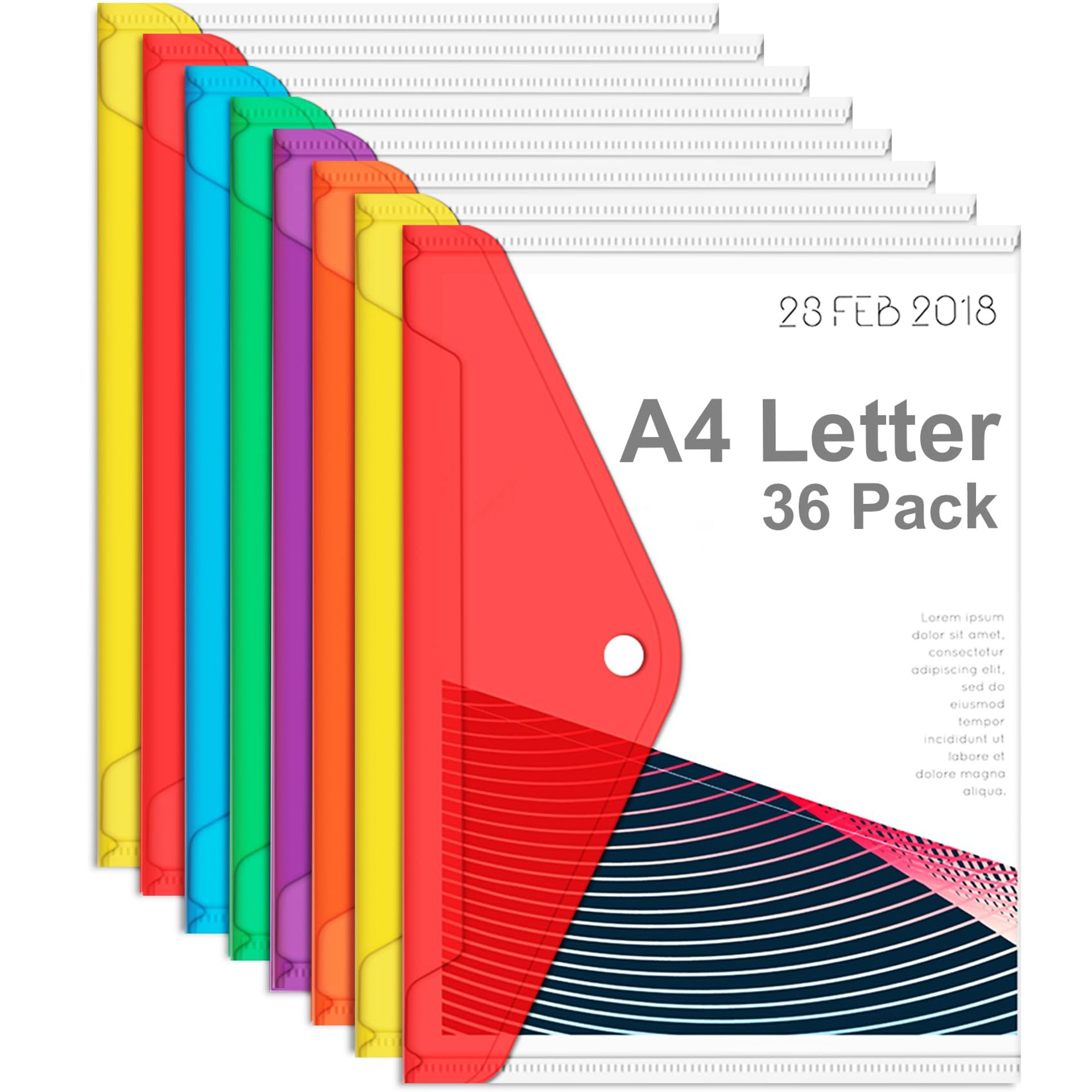 Clear Plastic A4 Envelopes with Snap Closure, 36pcs, Assorted Colours - Waterproof Document Pouches