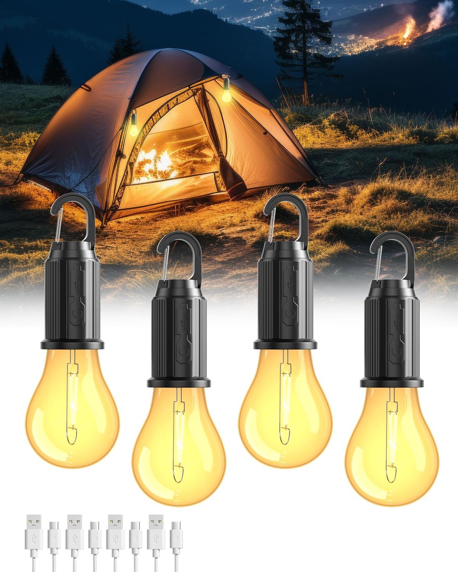 Rechargeable Camping Lanterns 3 Lighting Modes Portable LED Tent Lights for Outdoor, Hiking, Emergency Use - Warm White 4PCS