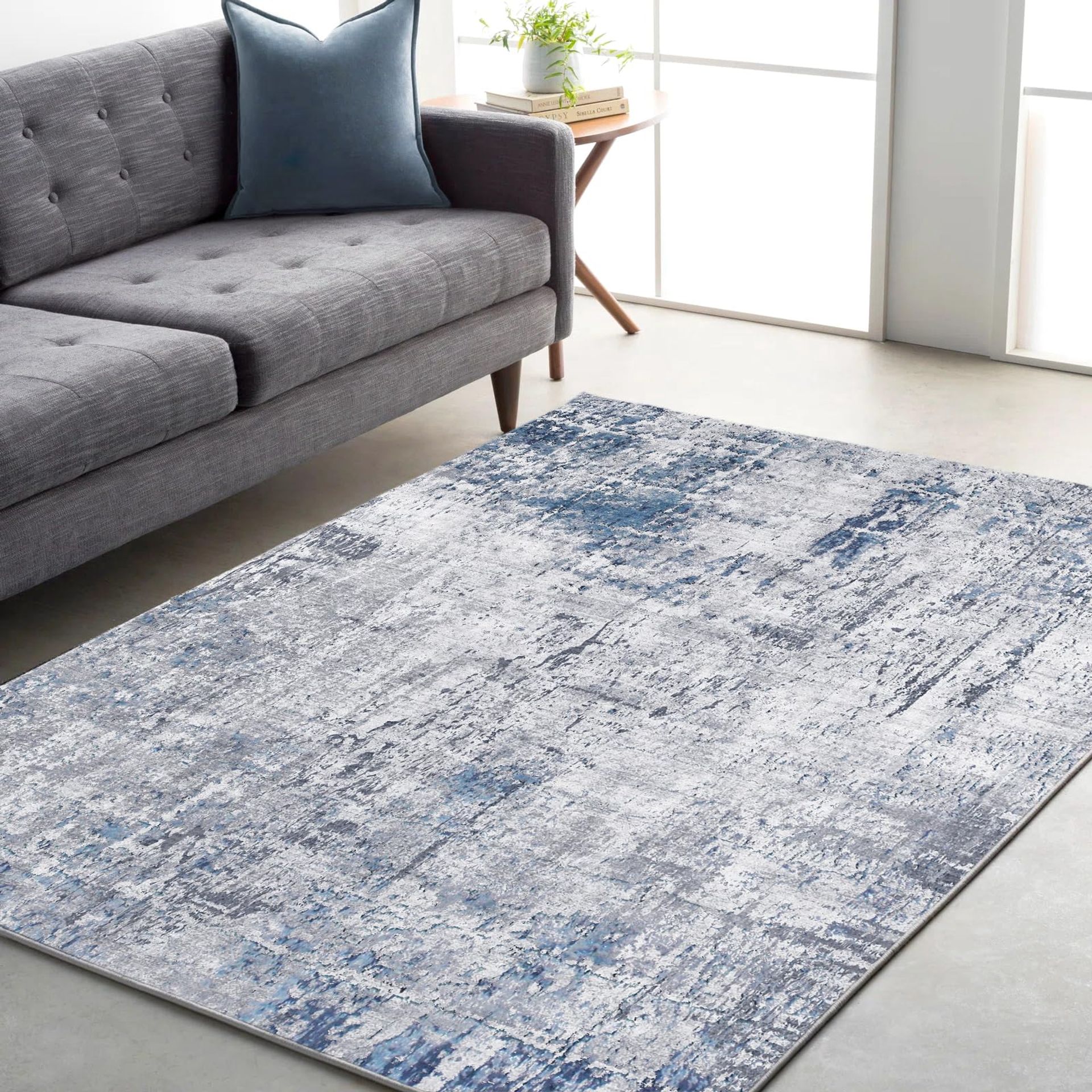 Washable Living Room Rug Non-Slip Faux Wool Soft Fluffy Area Carpet Floor Mat - Blue 170x120cm
