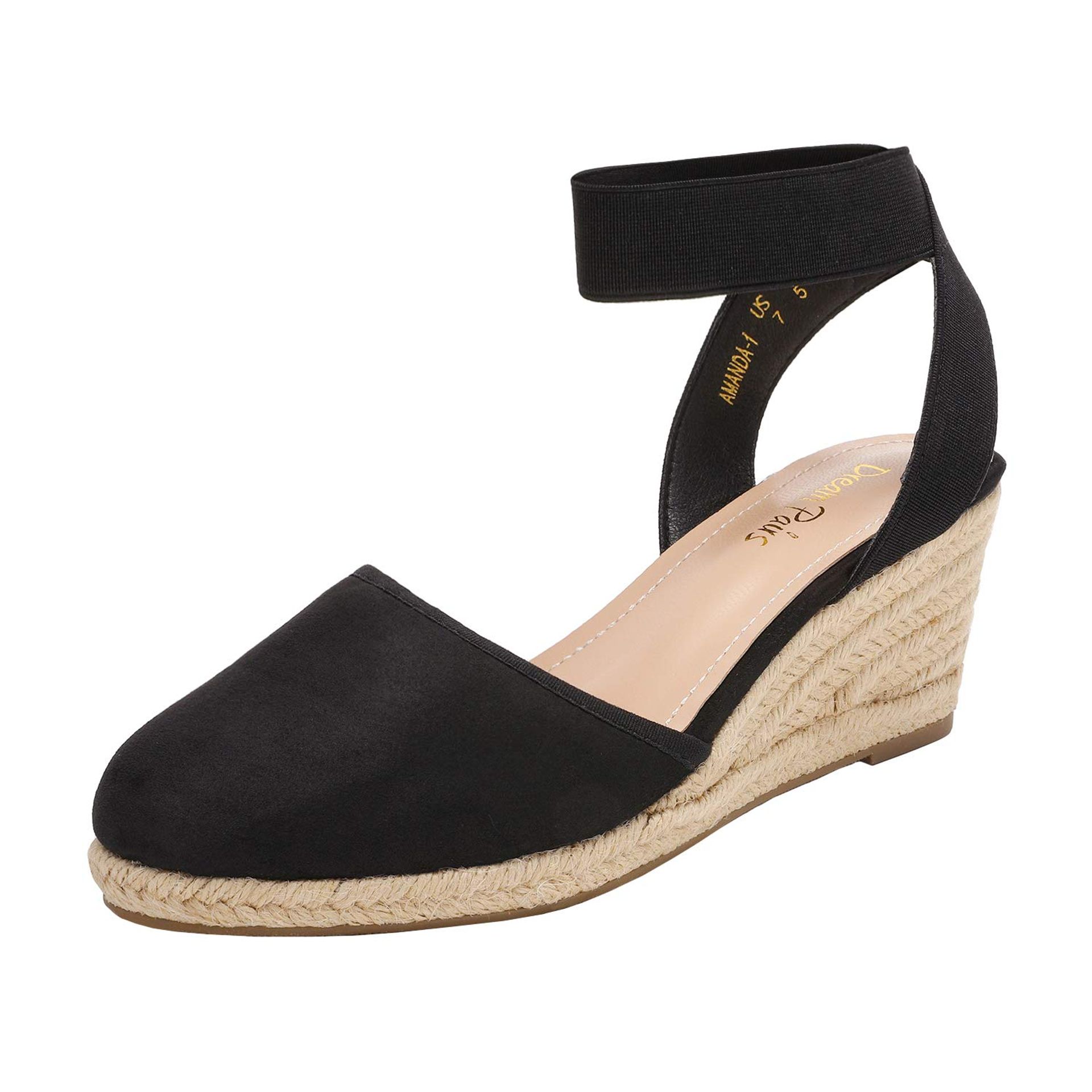 Women's Closed Toe Espadrille Wedge Sandals with Elastic Ankle Strap - Black Size 11