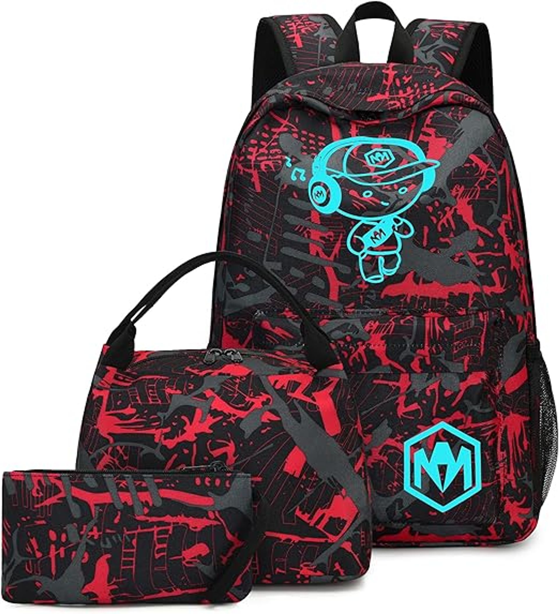 Canvas School Backpack Set Teen Girls Laptop Rucksack with Lunch Bag and Pencil Case - Princekin-Graffiti Blue E232-3
