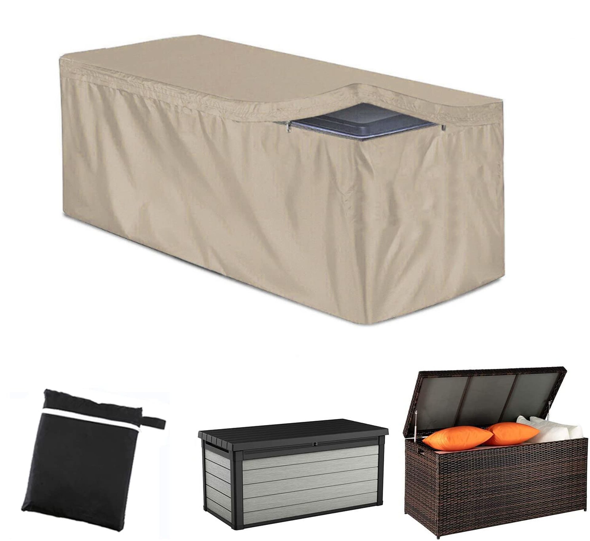 Waterproof Outdoor Deck Box Cover with Zipper – Heavy Duty 420D Oxford, Anti-UV Protection, Beige 130x60x71cm