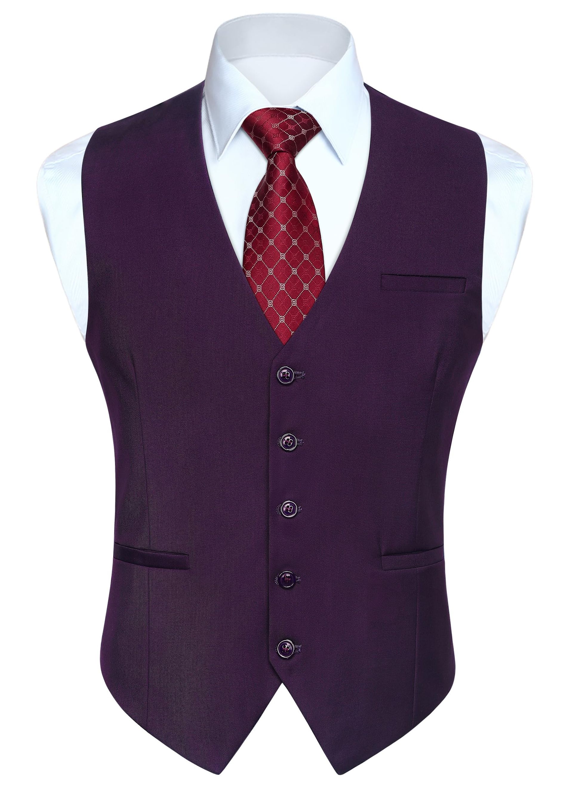 Men's Formal Waistcoat Classic 5-Button Design Adjustable Back Belt with Real Pockets - Purple S