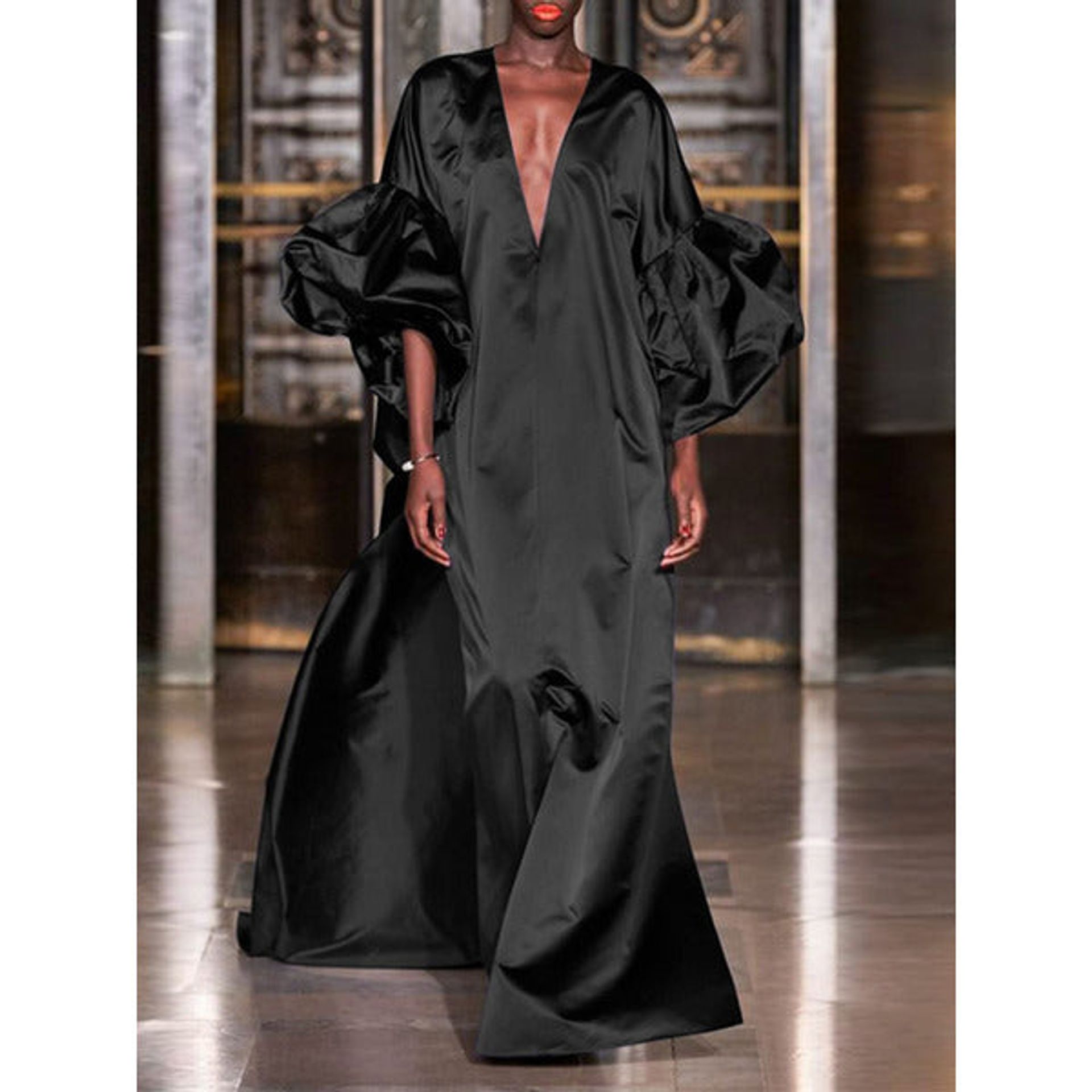 VONDA Women Elegant Deep V Neck Maxi Dress Long Lantern Sleeve Party Dres
