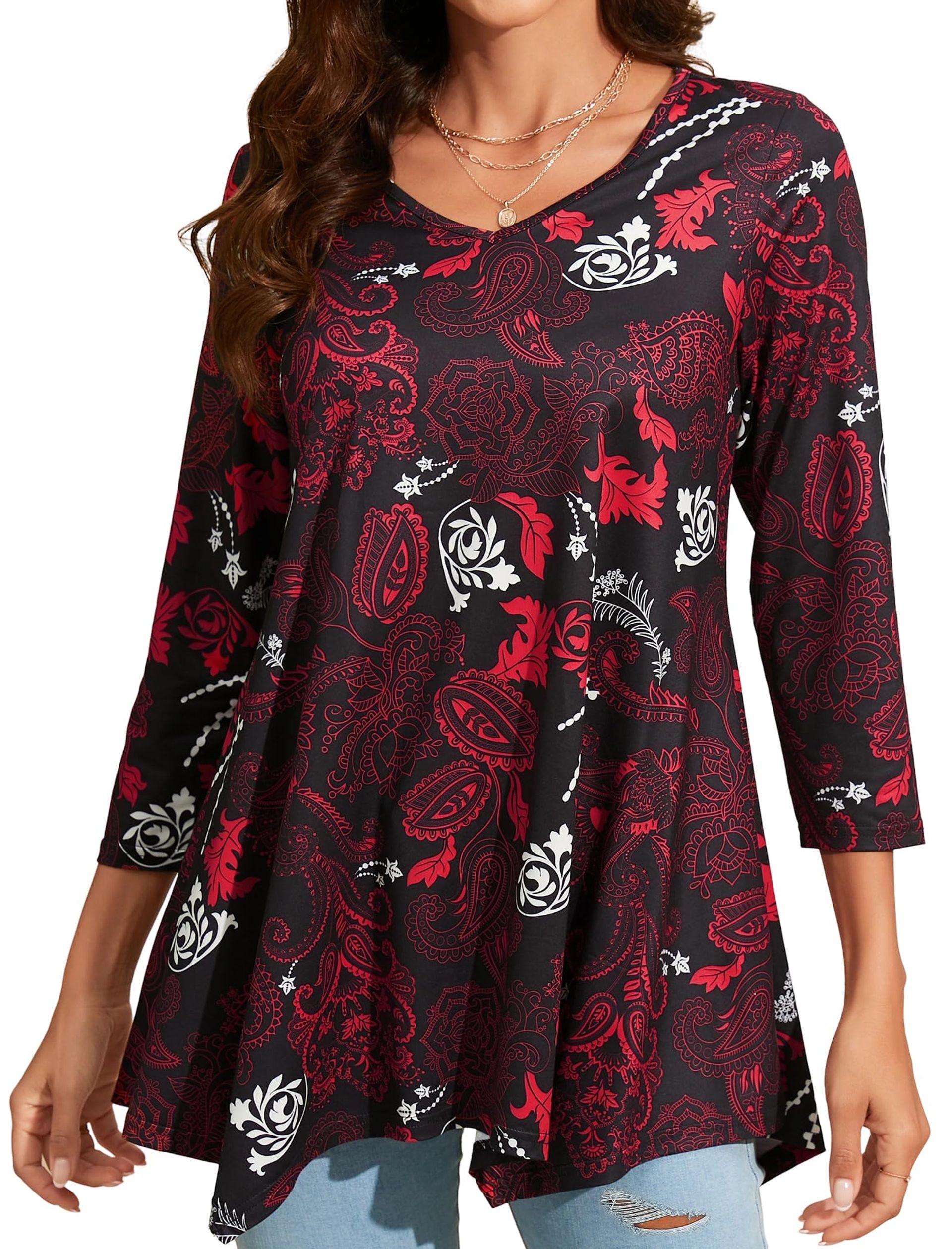 Women's V Neck Tunic Top 3/4 Sleeve Hanky Hem Pattern Print Casual Blouse for Leggings - Black & Red XXL