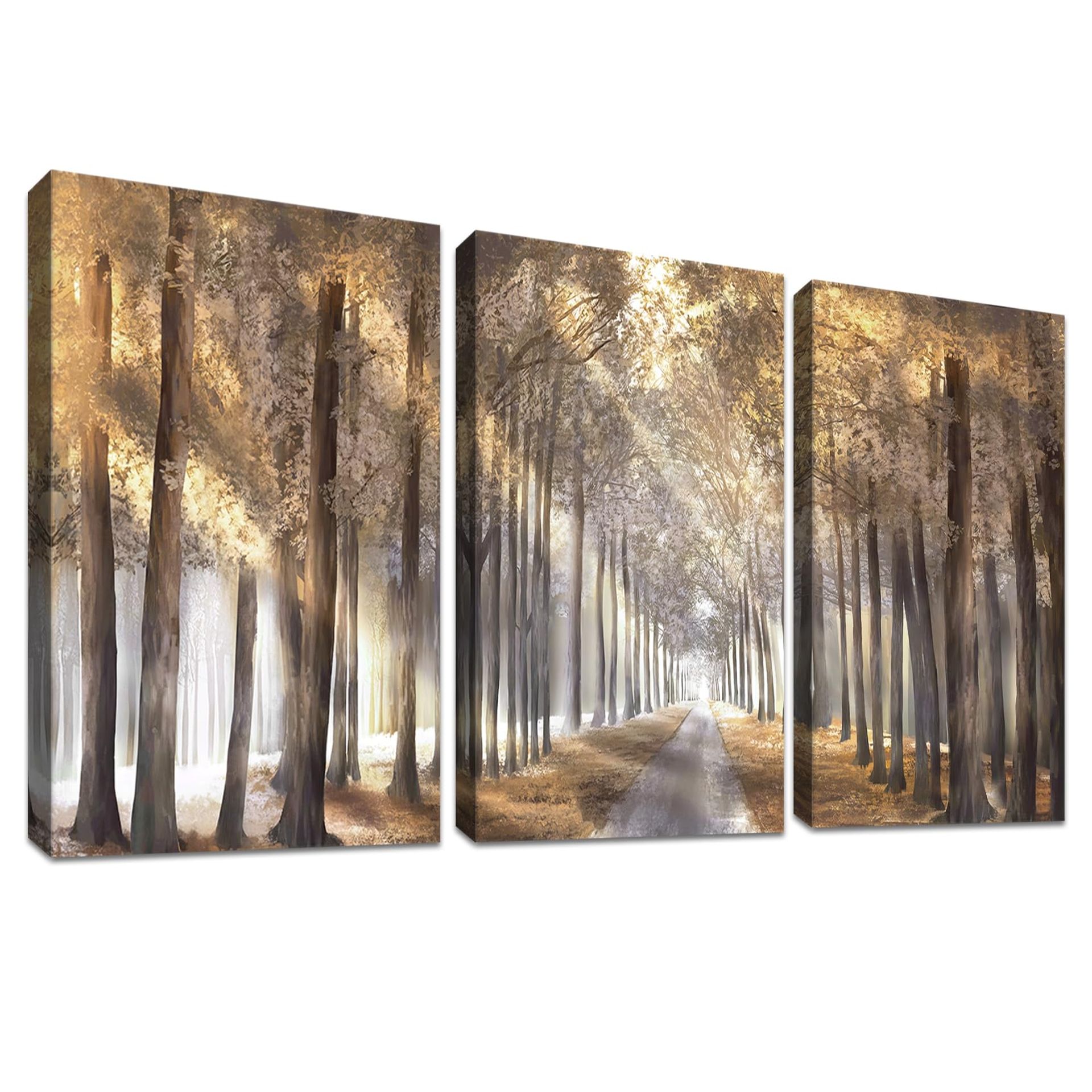 3 Piece Wooden Framed Forest Canvas Wall Art – Abstract Brown Woodland Prints for Living Room, Bedroom & Home Decoration 90x40cm