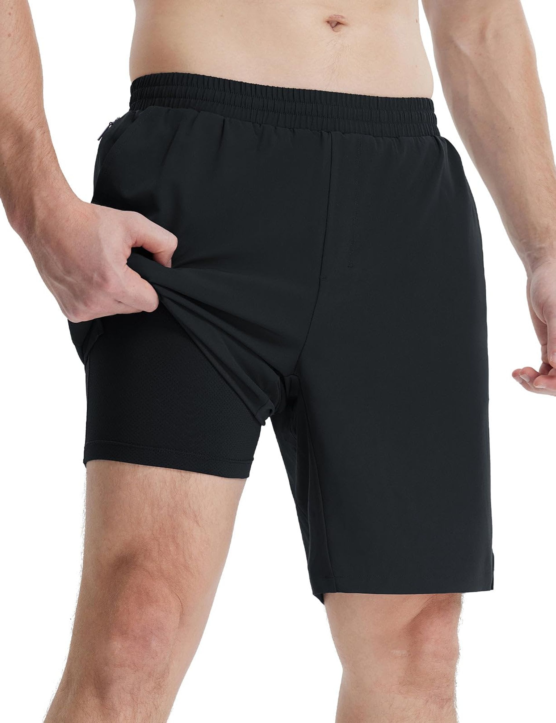 Men's Running Shorts 7-Inch Lightweight Quick-Dry Gym Shorts with Zipper Pocket - Black L