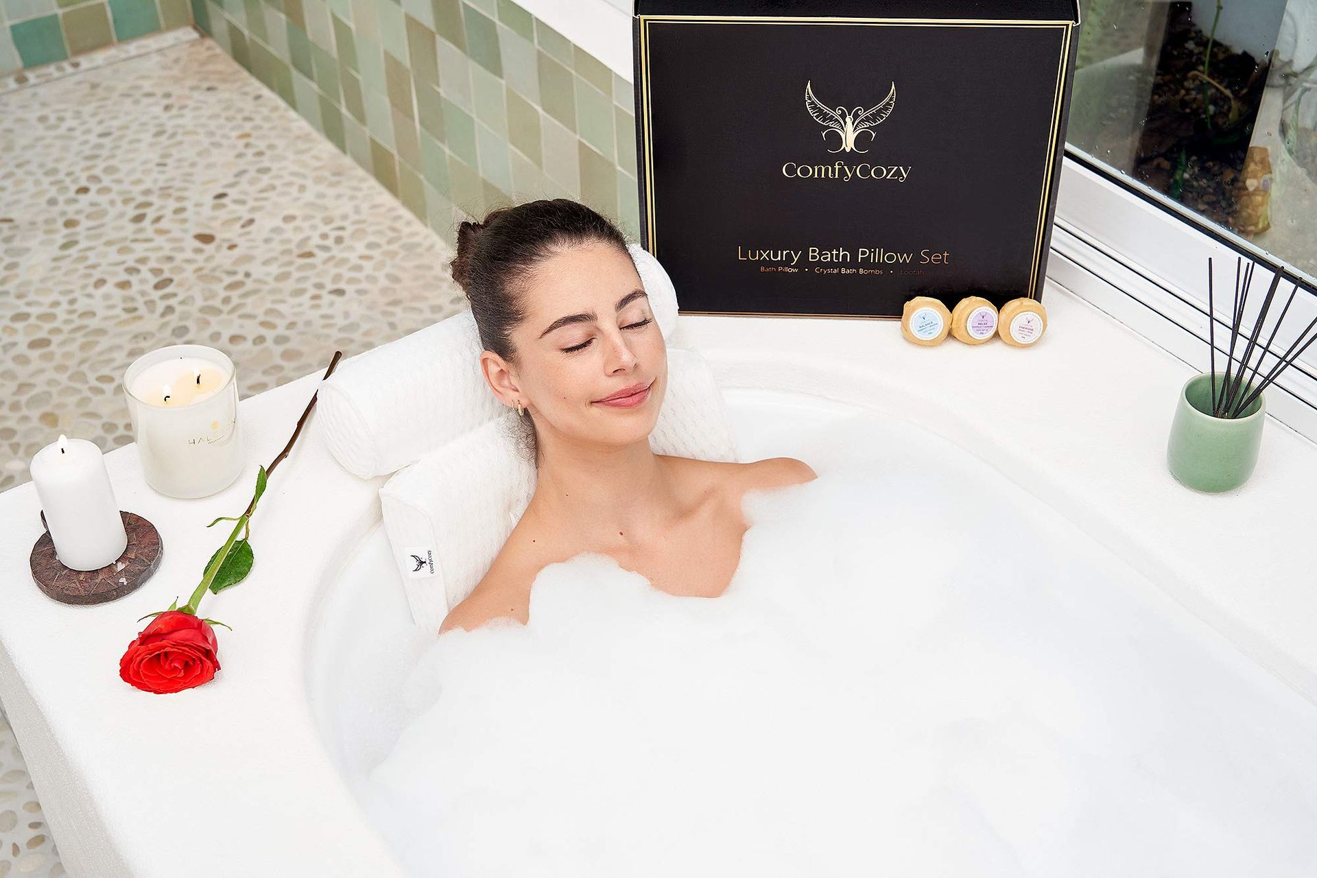 Luxury Bath Pillow Gift Set with 3 Crystal Bath Bombs & Loofah - Gold Standard Pamper Gifts Spa Set