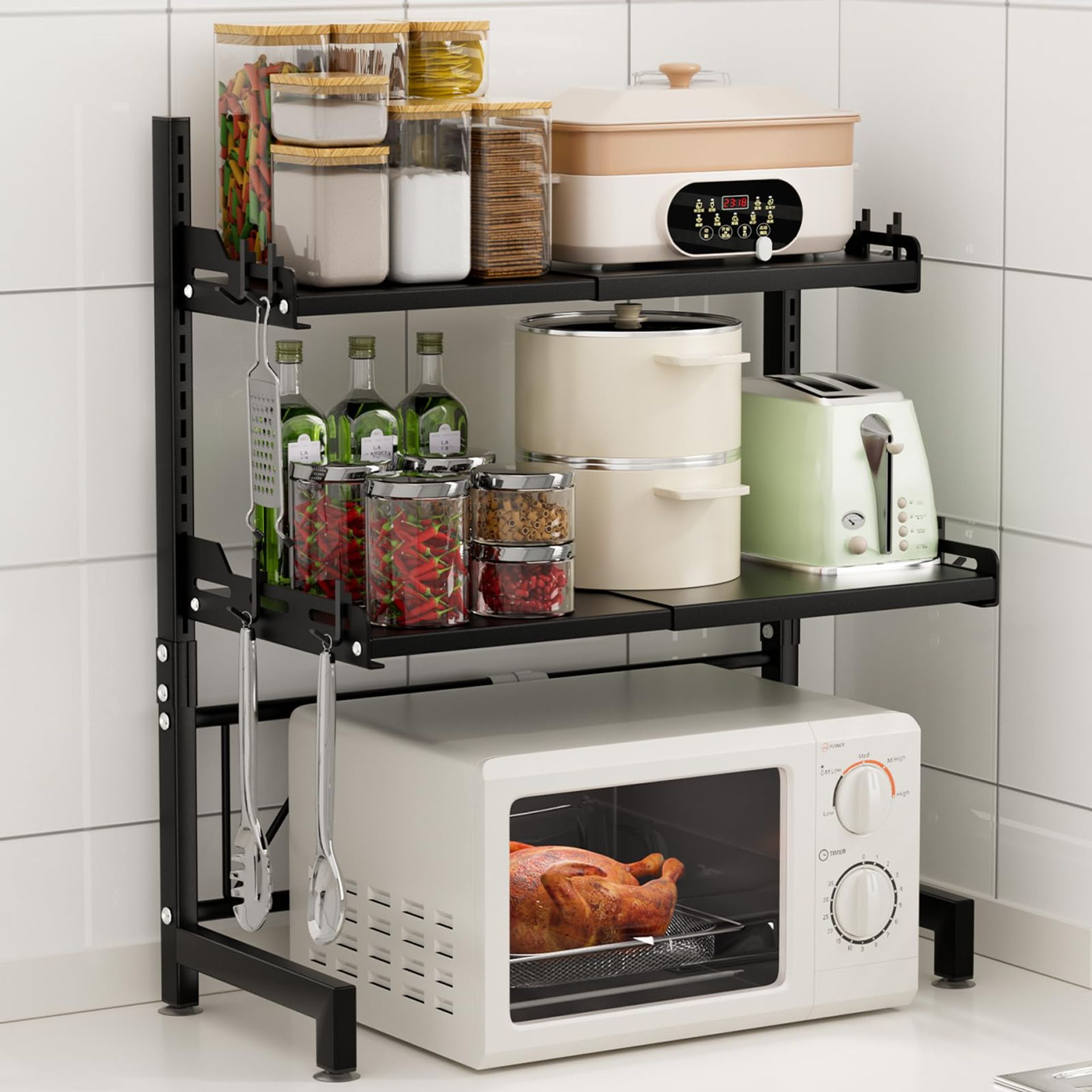 Microwave Worktop Stand 3-Tier Extendable Adjustable Kitchen Oven Rack with 8 Hooks and Suction Cup Base - Black 3-Tier