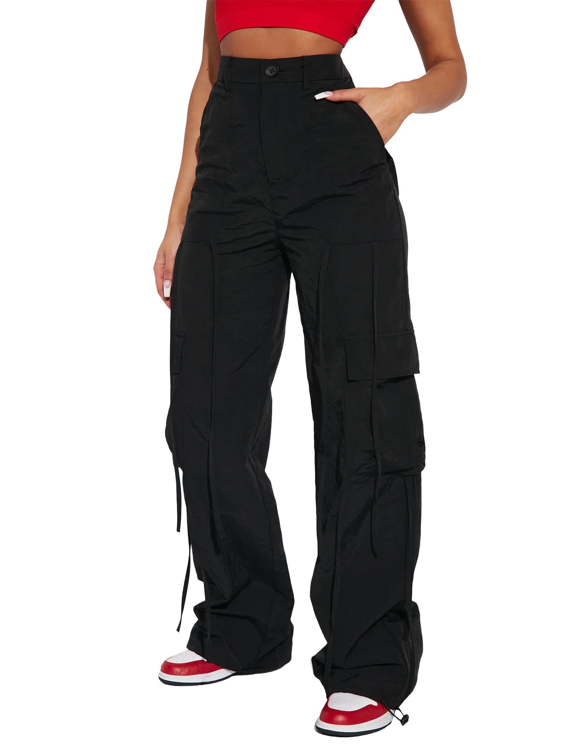 Women's Cargo Trousers Wide Leg High Waist Combat Pants Casual Outdoor Work - Black L