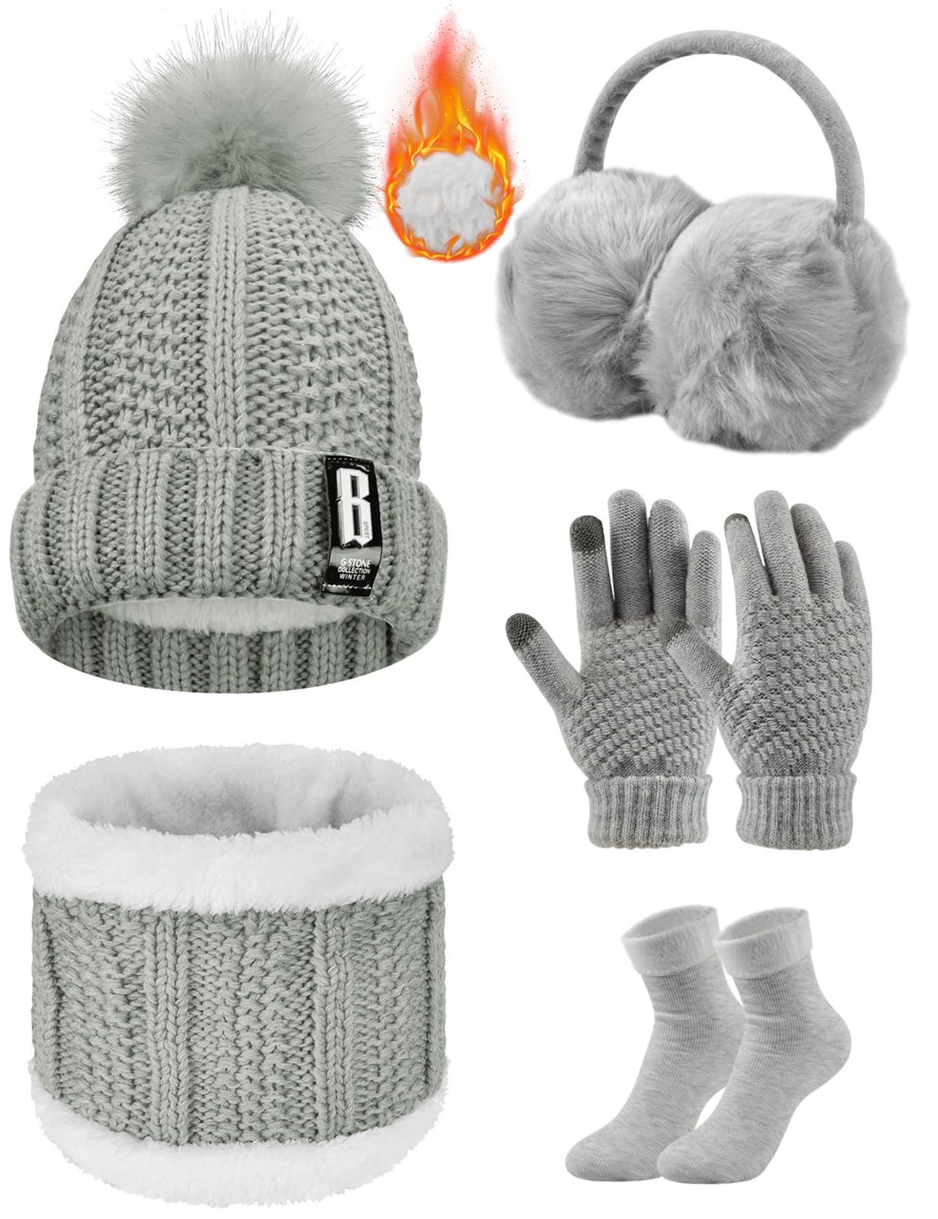 5-Piece Unisex Thermal Winter Set: Knitted Hat, Scarf, Gloves, Earmuffs & Stockings - Grey
