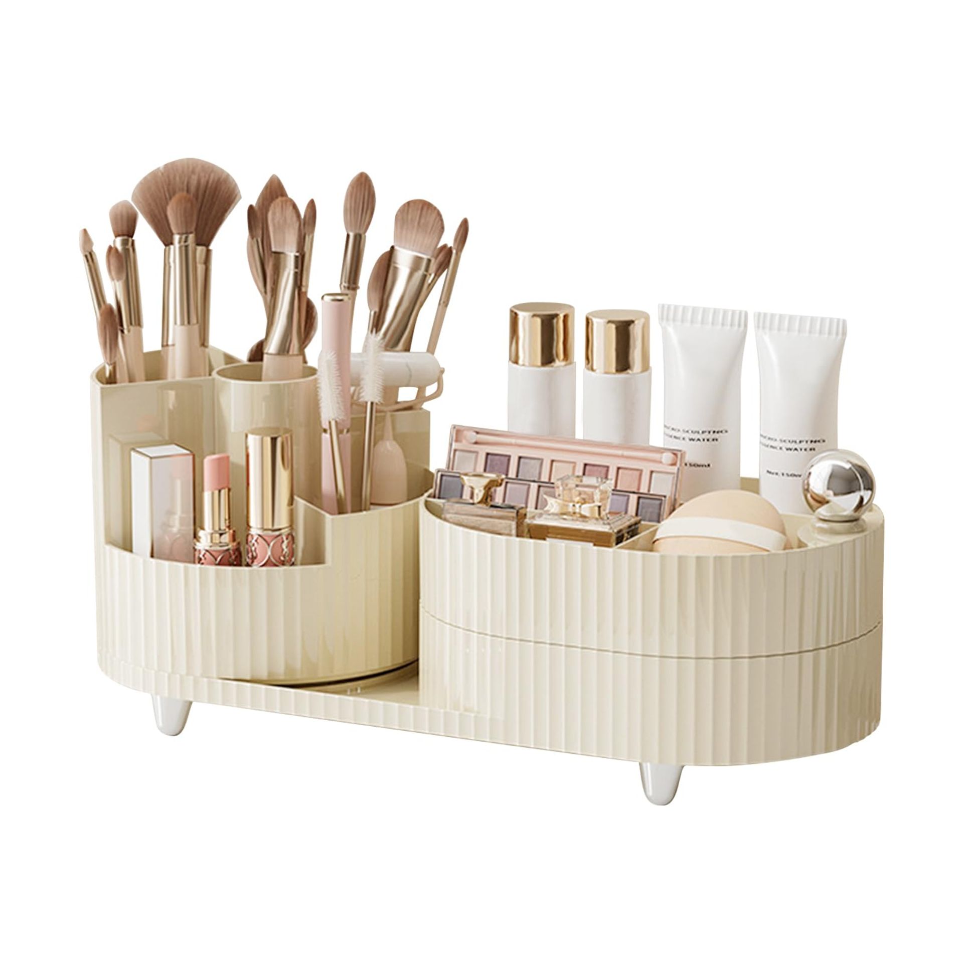 360° Rotating Makeup Organiser with Large Capacity Storage, Brush Holder & Skincare Display for Vanity, Bathroom or Desk - Cream