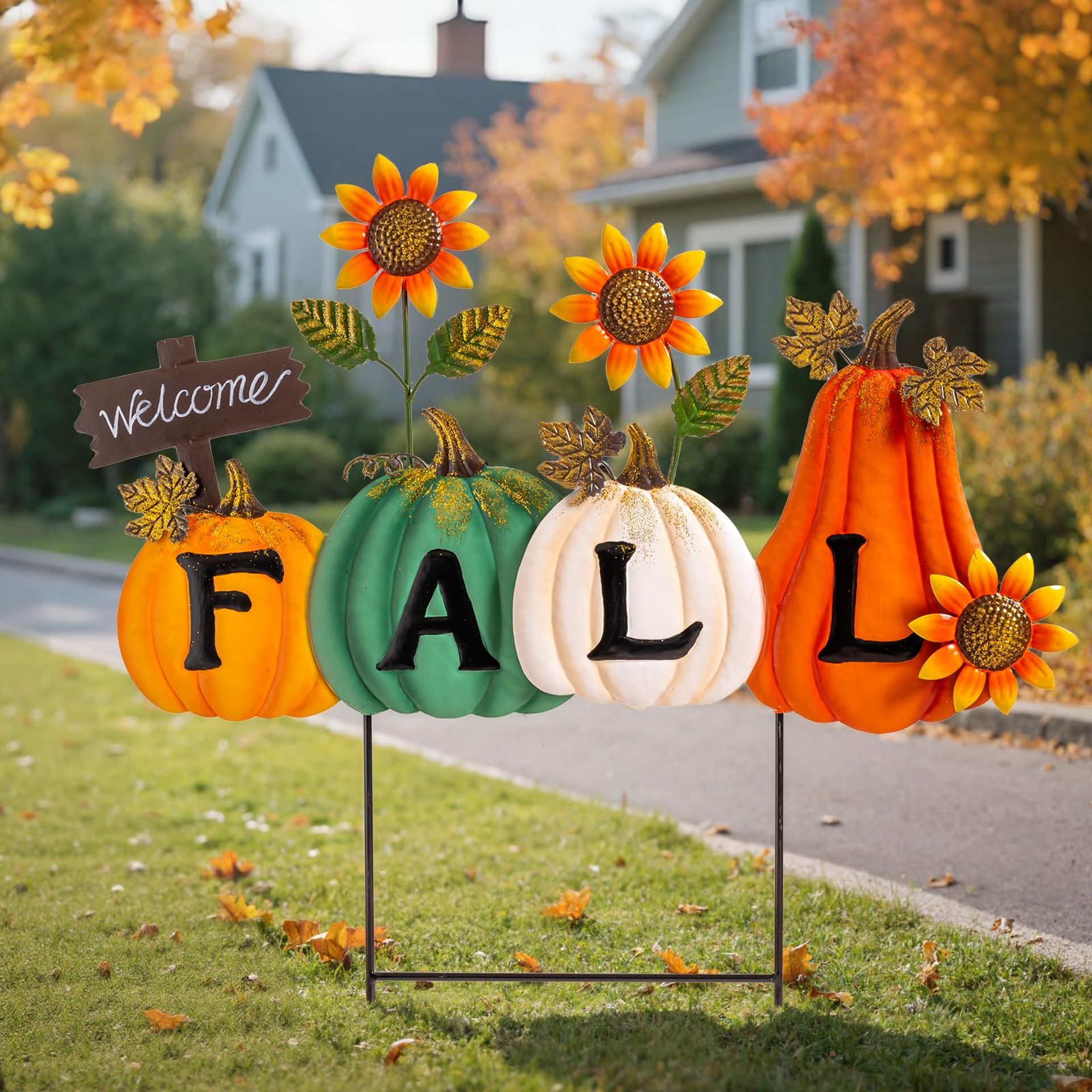 Autumn Garden Stakes Decorative Metal Yard Signs with Letter FALL Pumpkin Waterproof Design for Outdoor Lawn, Patio or Porch Décor - Style-a 23.2x23.6 inch