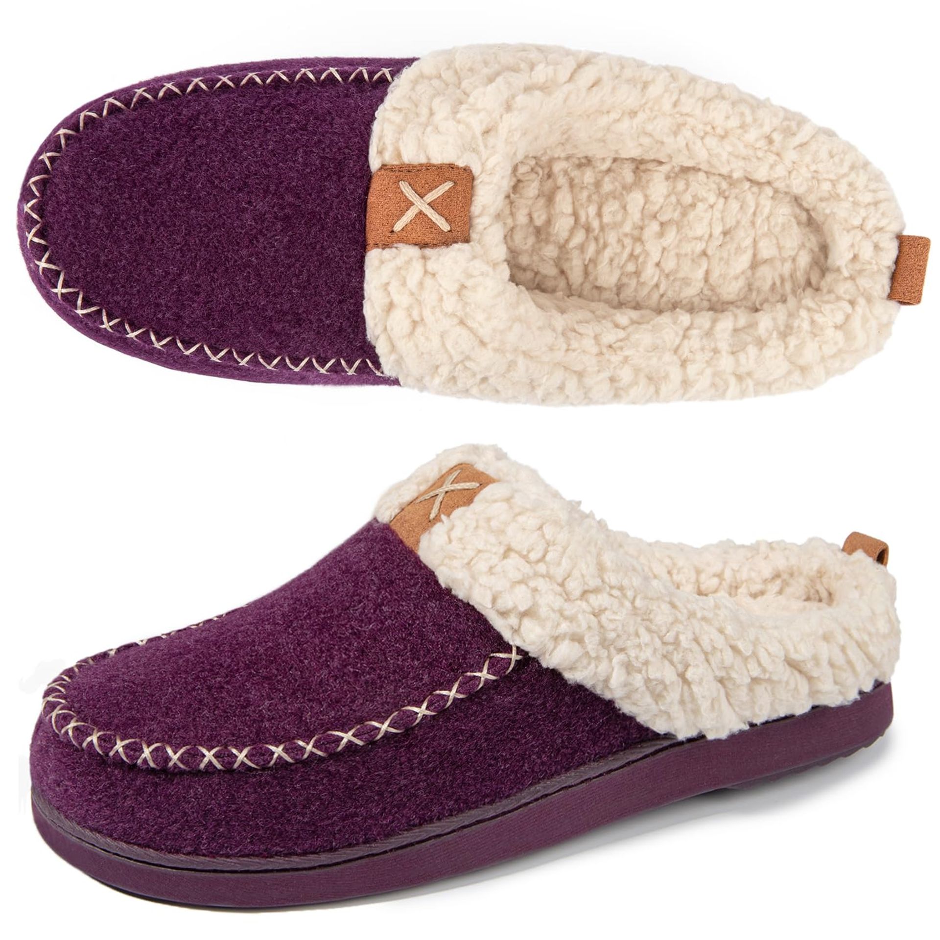 LongBay Women's Faux Wool Slippers, Sherpa Memory Foam Fluffy Moccasin with Soft Plush Fleece Lining Slip-On for Indoor Outdoor Use (3-4 UK, Purple)