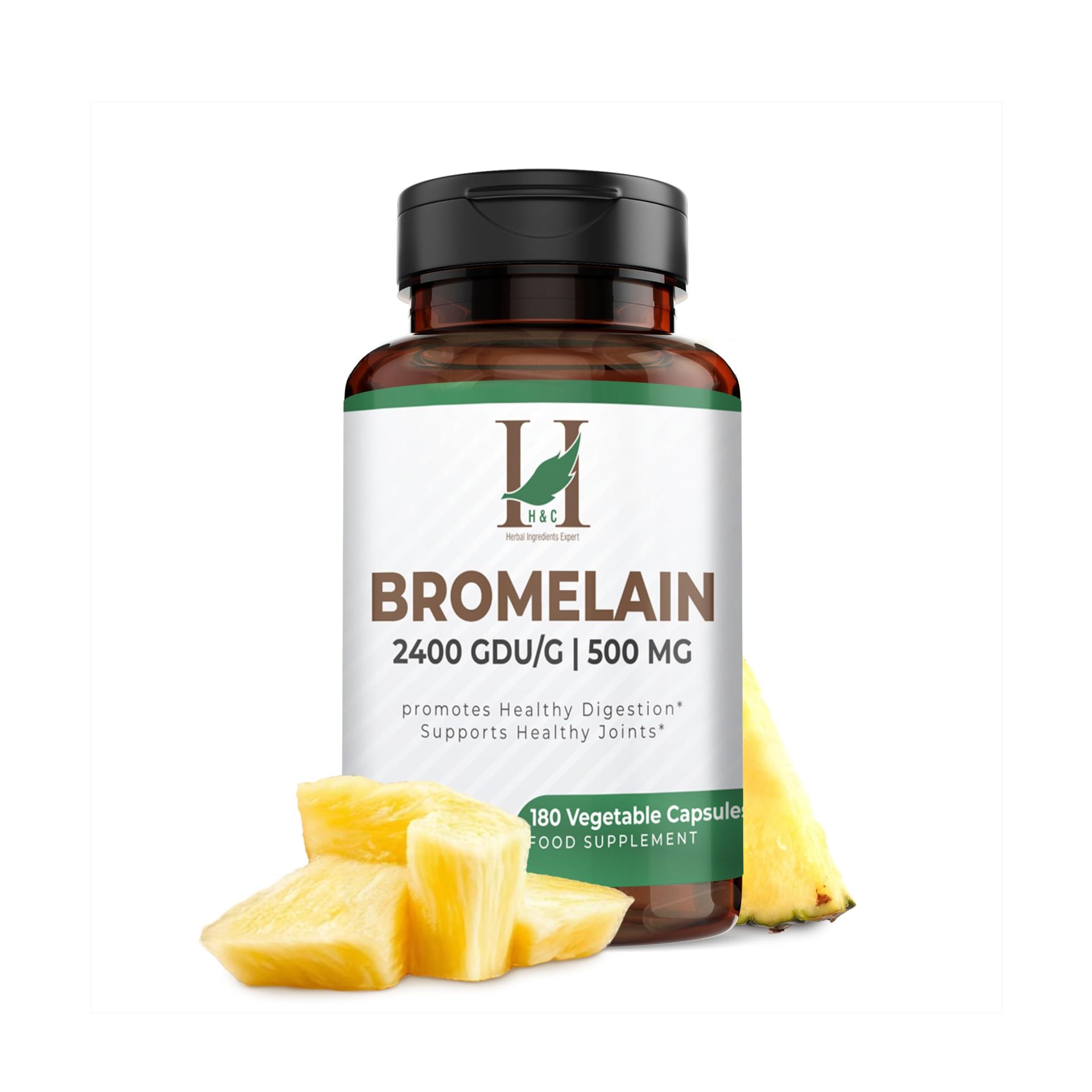 H&C Bromelain Veg Capsules 500mg (2400 GDU/g) - Pineapple Extract, 180 Count