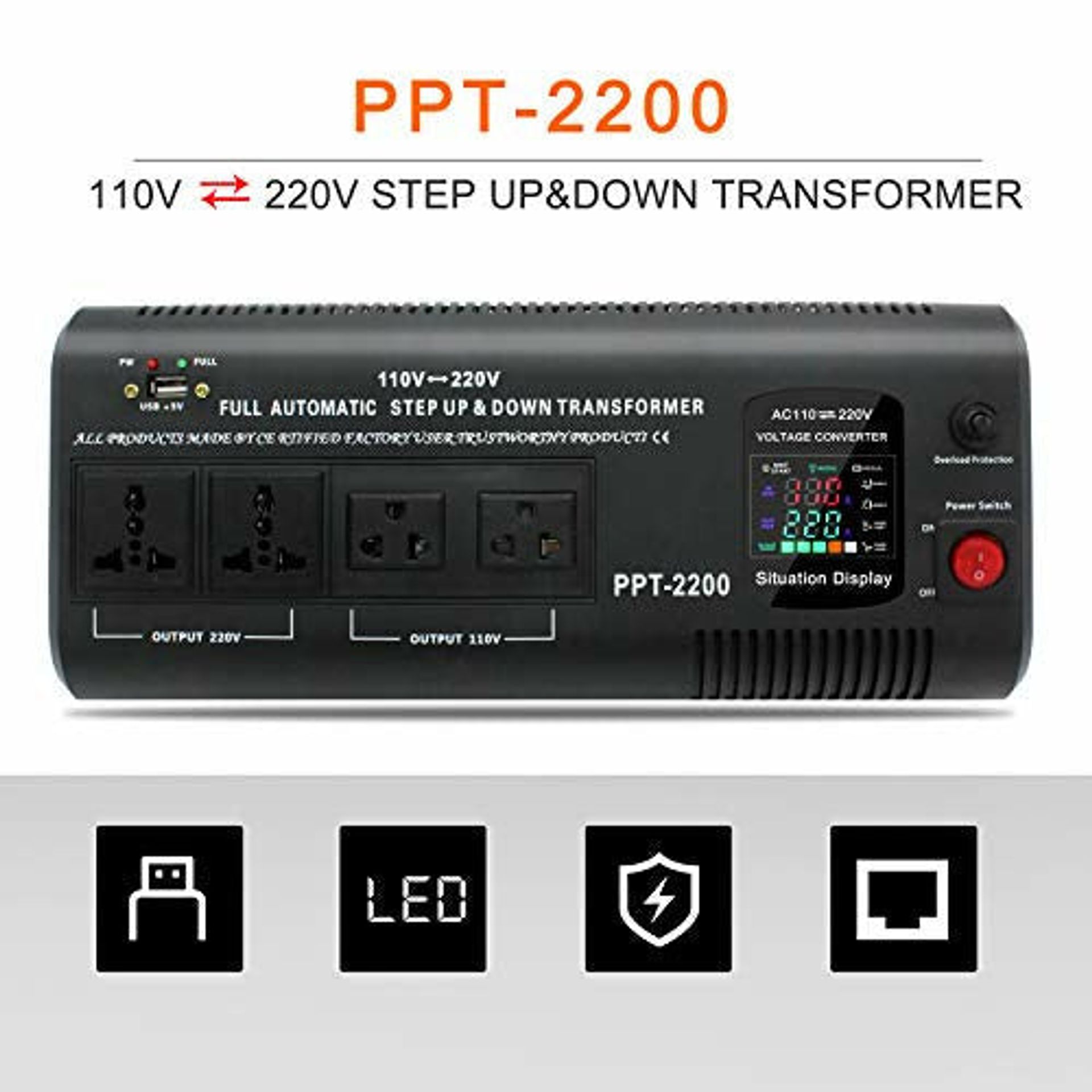 Yinleader 5000VA Spanningsomvormer – Ringkerntransformator, In 110V Of 220V, Uit 110V En 220V, Met 6 Stopcontacten En Beveiligingen
