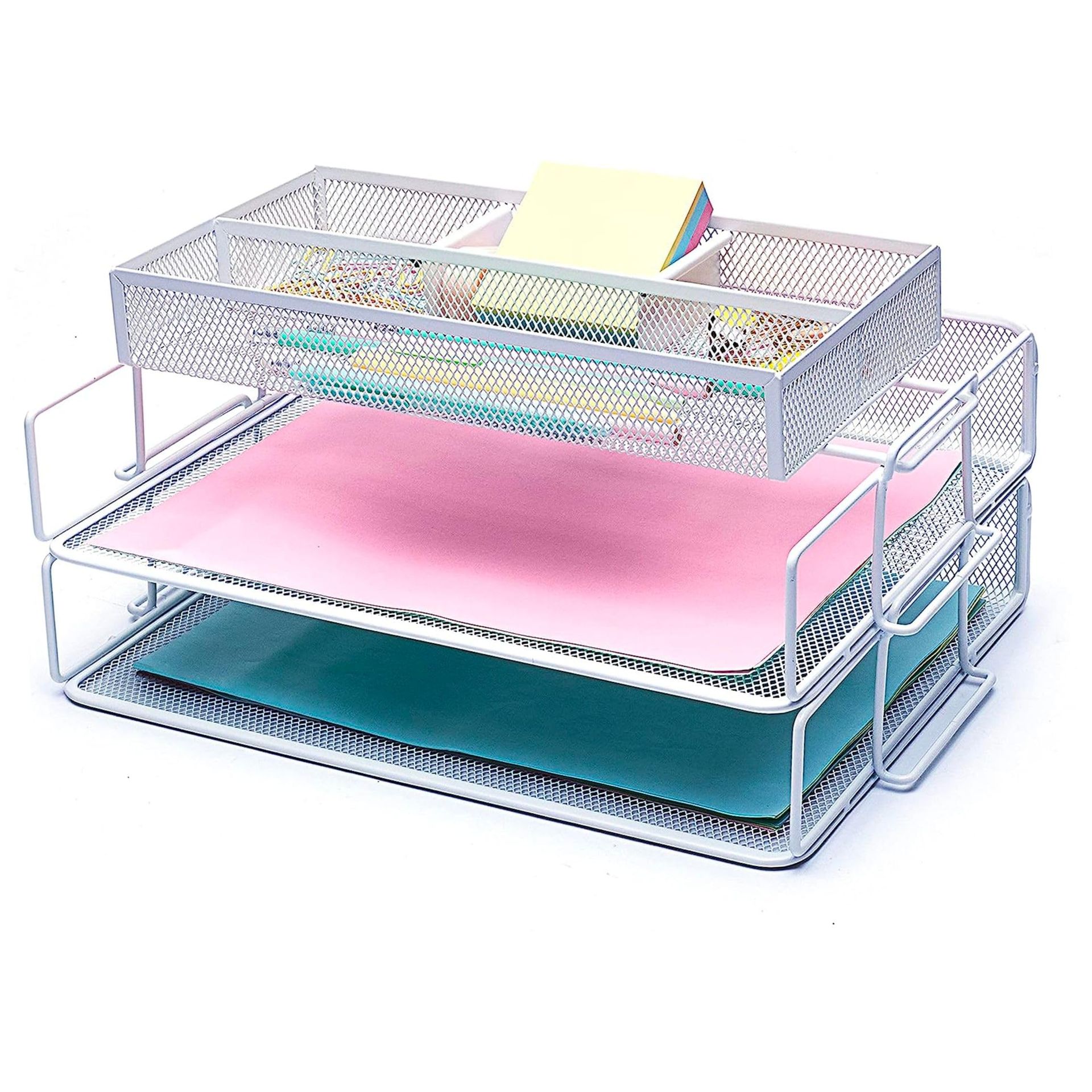 Paper Sorter Set 2-Tier Stackable Letter Trays with Accessory Divider Memo Holder for Desk Organisation - White 34 x 24.5 x 18 cm