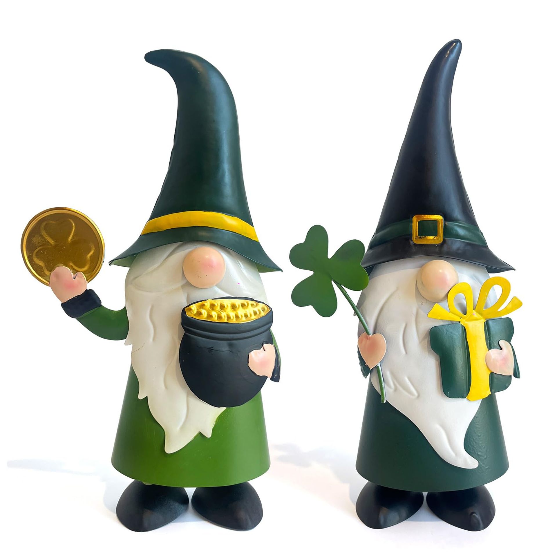 St Patrick's Day Outdoor Garden Gnome Decoration – 14 Inch Metal Leprechaun with Shamrock for Lawn, Patio & Party Décor