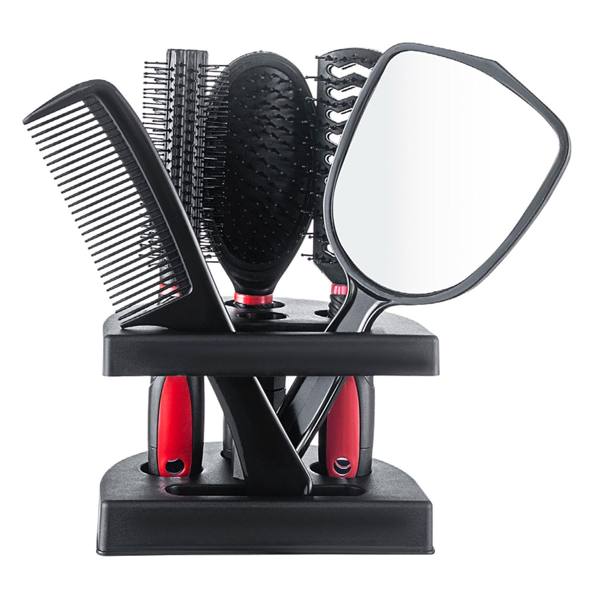 5 Piece Hair Comb Brush Set with Mirror & Holder - Professional Styling Tools for All Hair Types, Massage Scalp - Ideal Gift