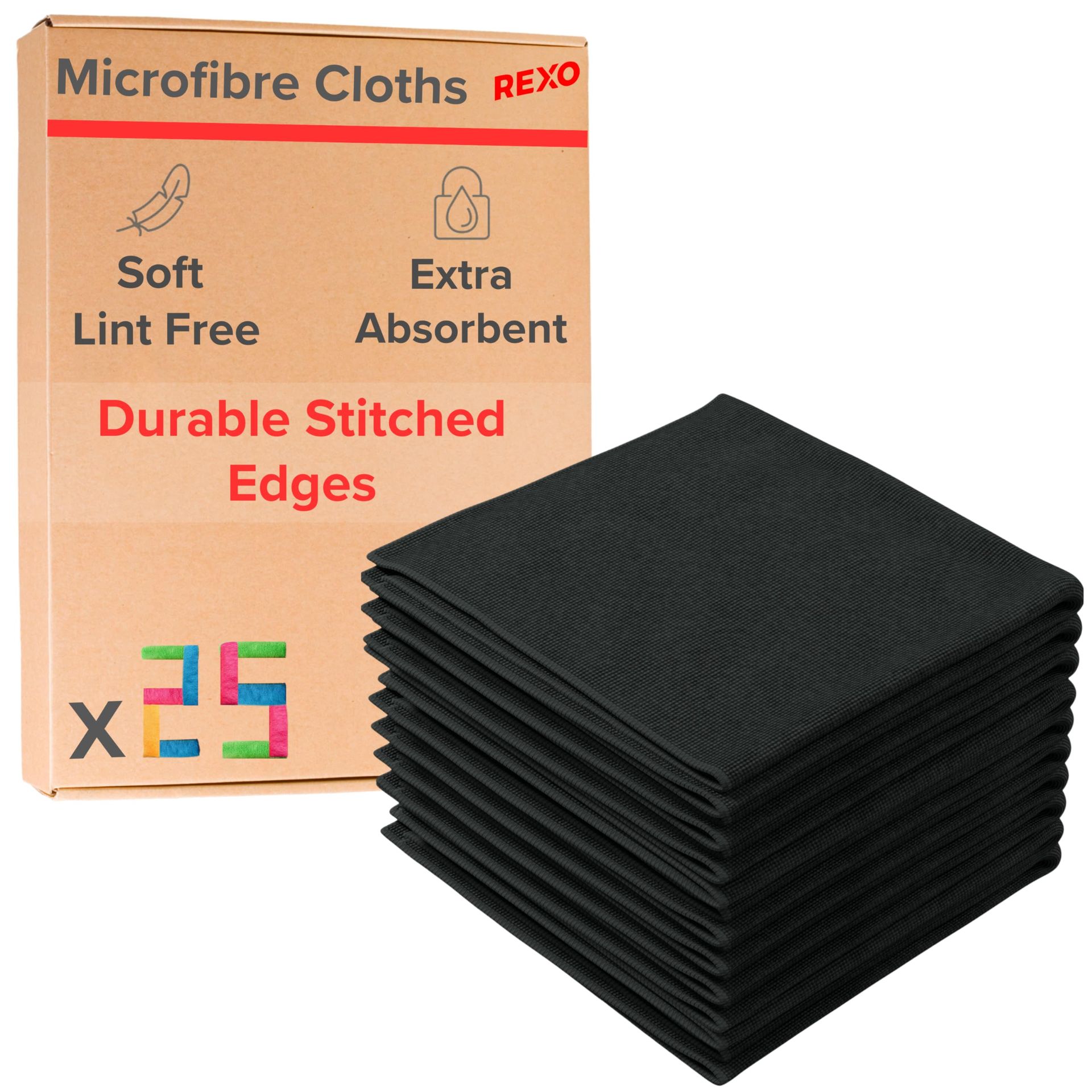 REXO Microfibre Cleaning Cloth - Pack of 25, Premium Reusable, Multi-Surface, Lint Free Cleaning Cloths - Ultra Absorbent, Soft, Durable for Kitchen, Car & More (Black, 30x30 cm)