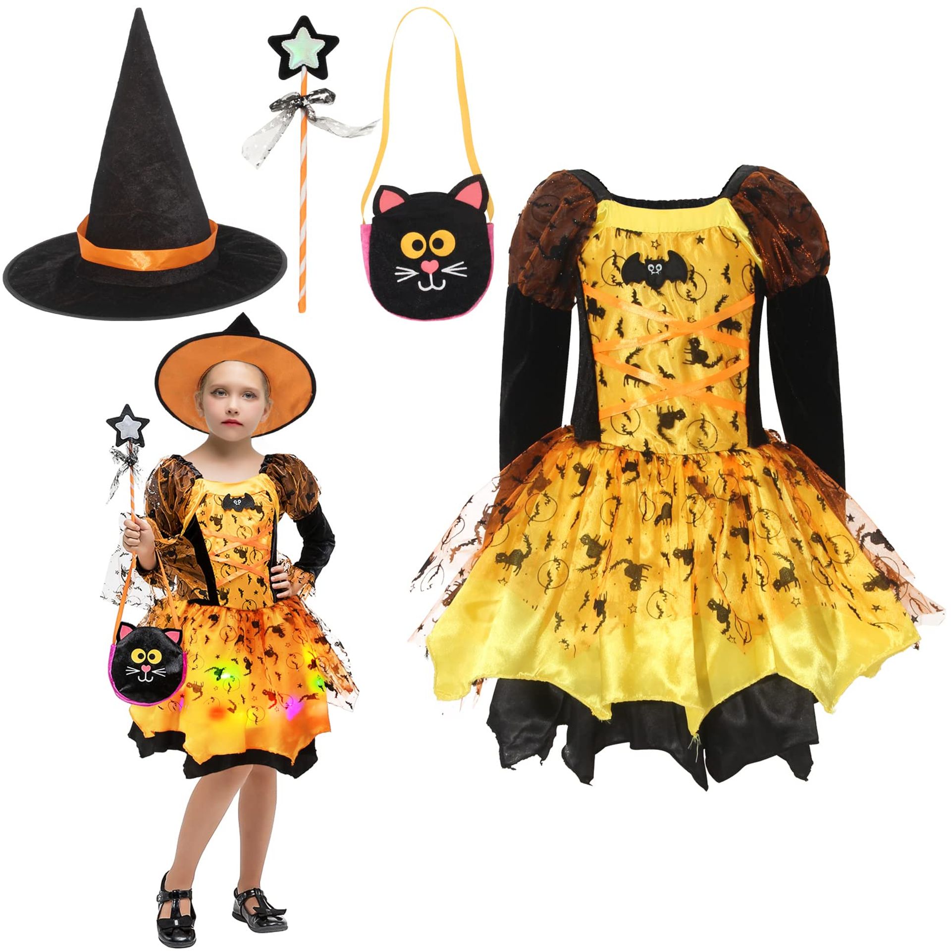 Girls Light Up Witch Costume Fancy Dress Outfit with Hat, Bag & Wand - Orange 4-6 Years
