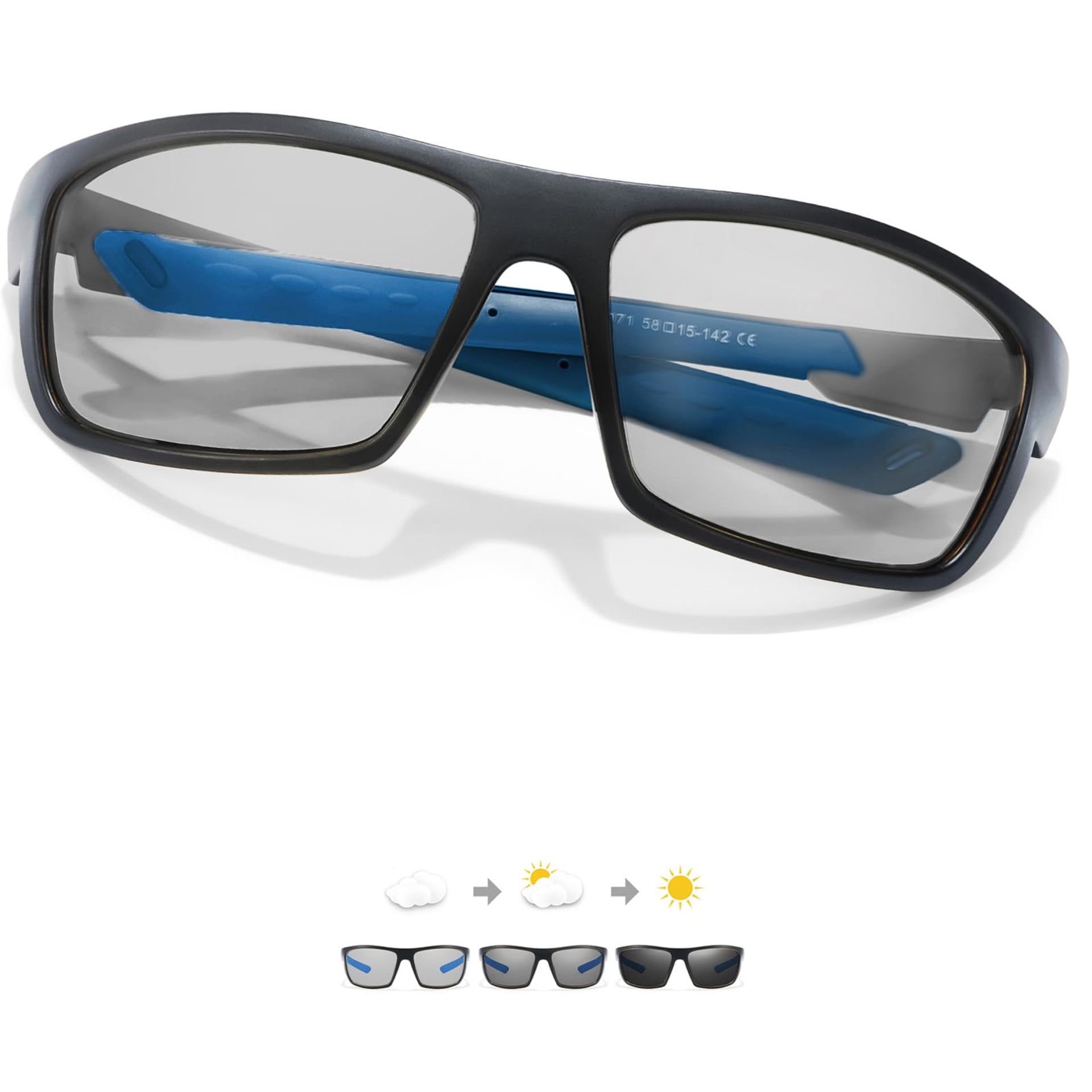 Photochromic Polarised Sunglasses UV400 Protection Anti-Glare Wraparound for Cycling Driving Running - Blue Frame Photochromic Lens