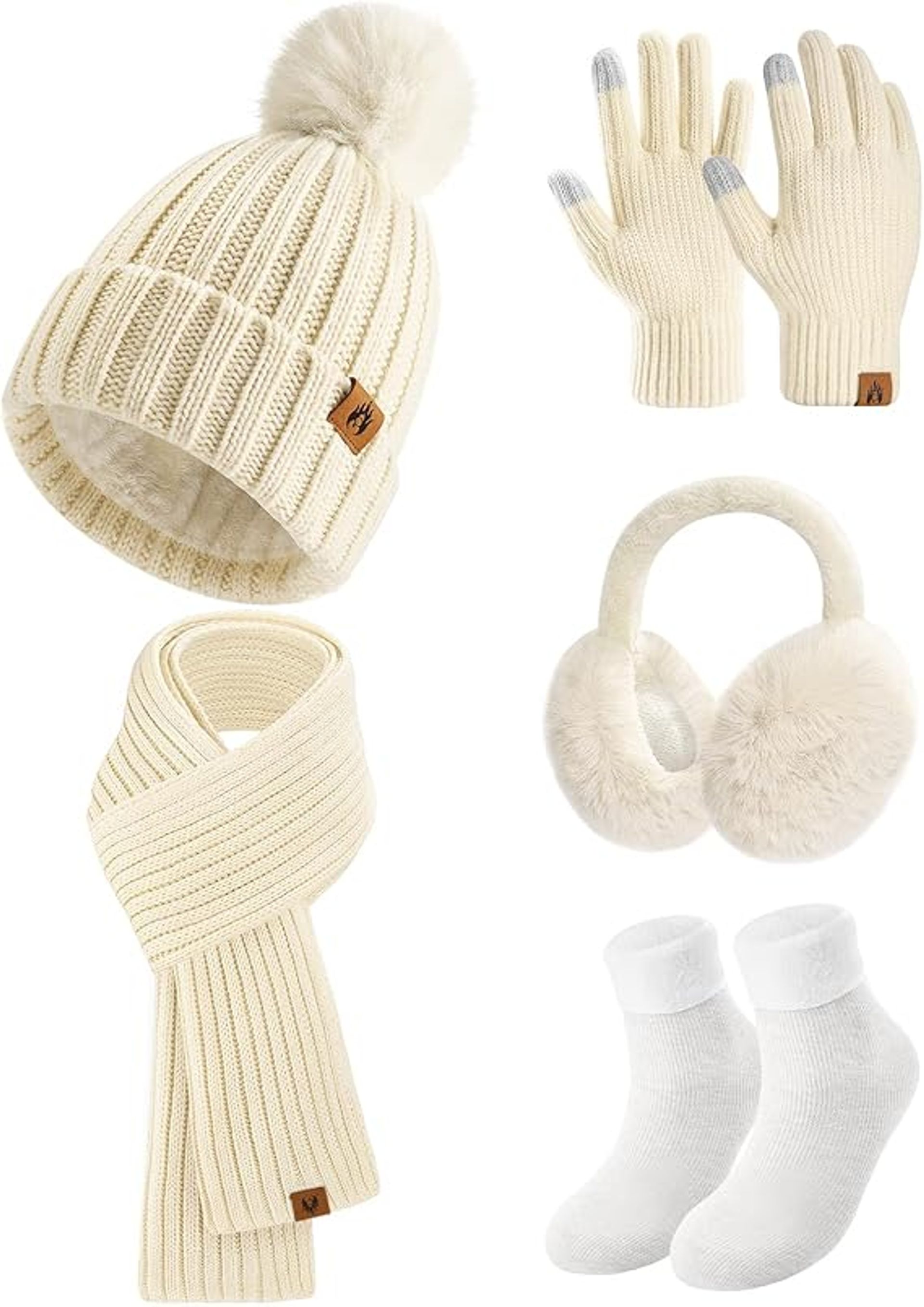 Niwicee 5-Piece Knitted Hat & Scarf Set with Plush Ear Warmers, Gloves & Socks - Beige, Onesize
