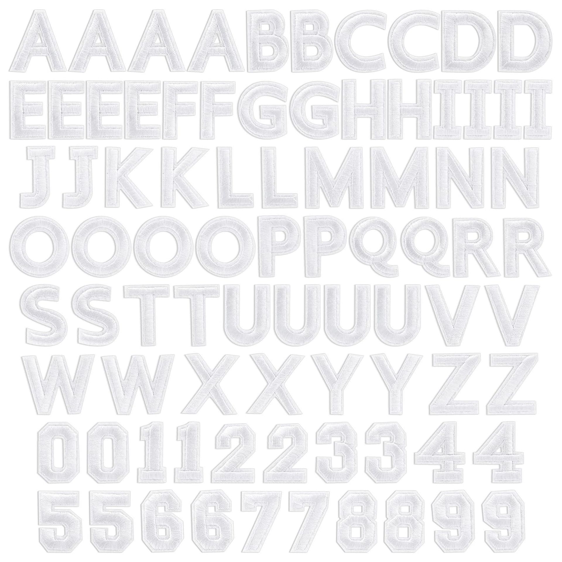 82pcs Embroidered Iron-On Alphabet & Number Patches for Clothing, Bags, DIY Crafts – White Letters with Extra Vowels, Value Pack