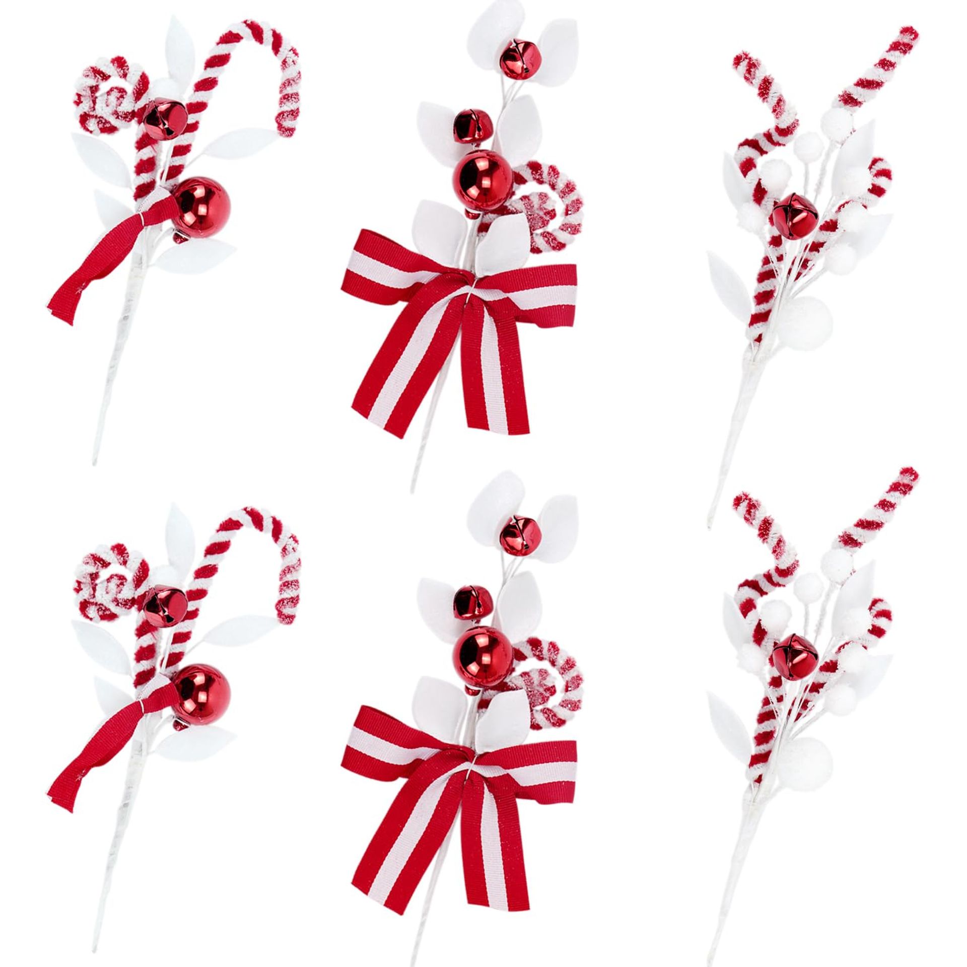 Pack of 6 Artificial Christmas Candy Picks with Red Bell & Lollipop Stems for Festive Home Décor