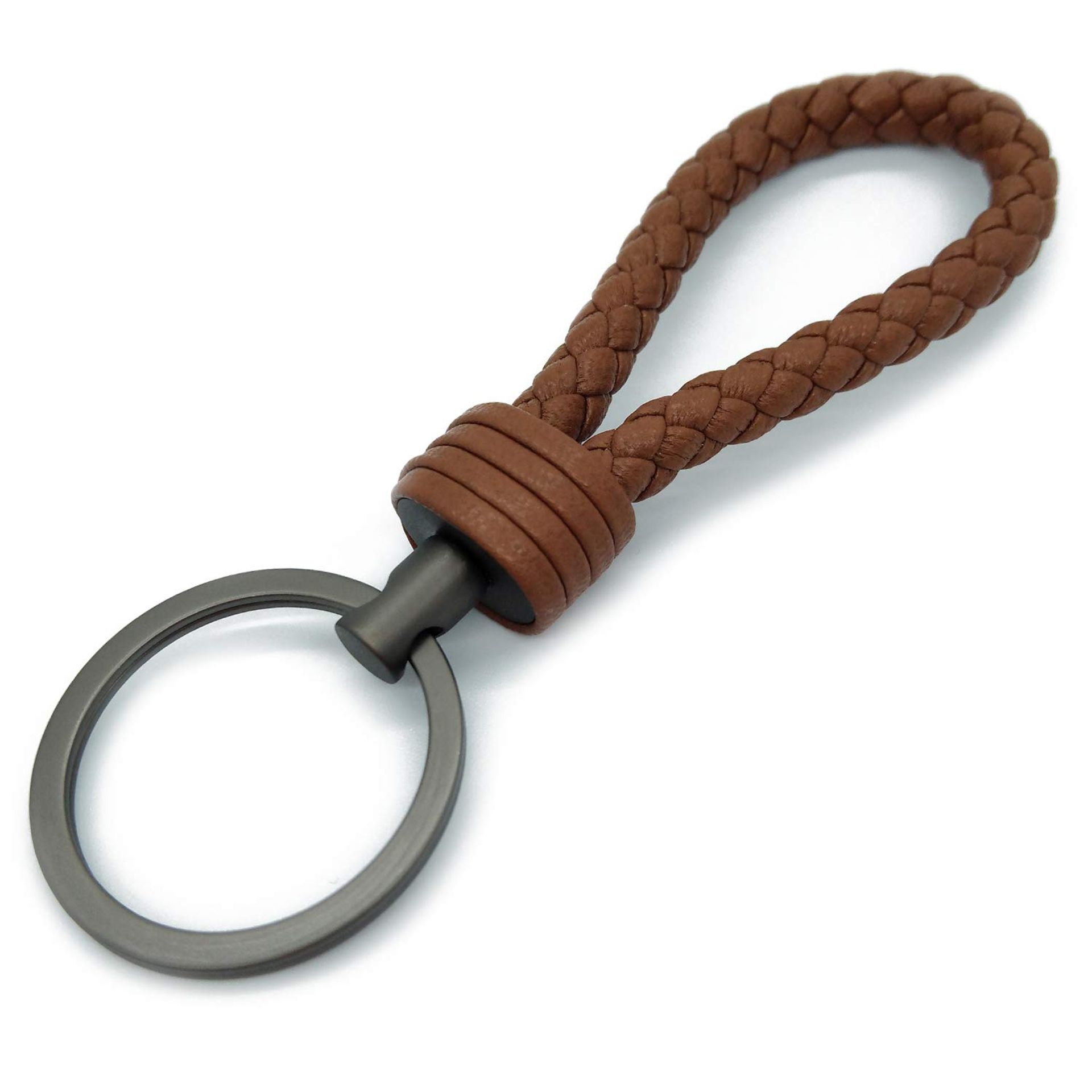 Genuine Leather Handwoven Braided Keychain with Metal Key Ring - Light Brown L