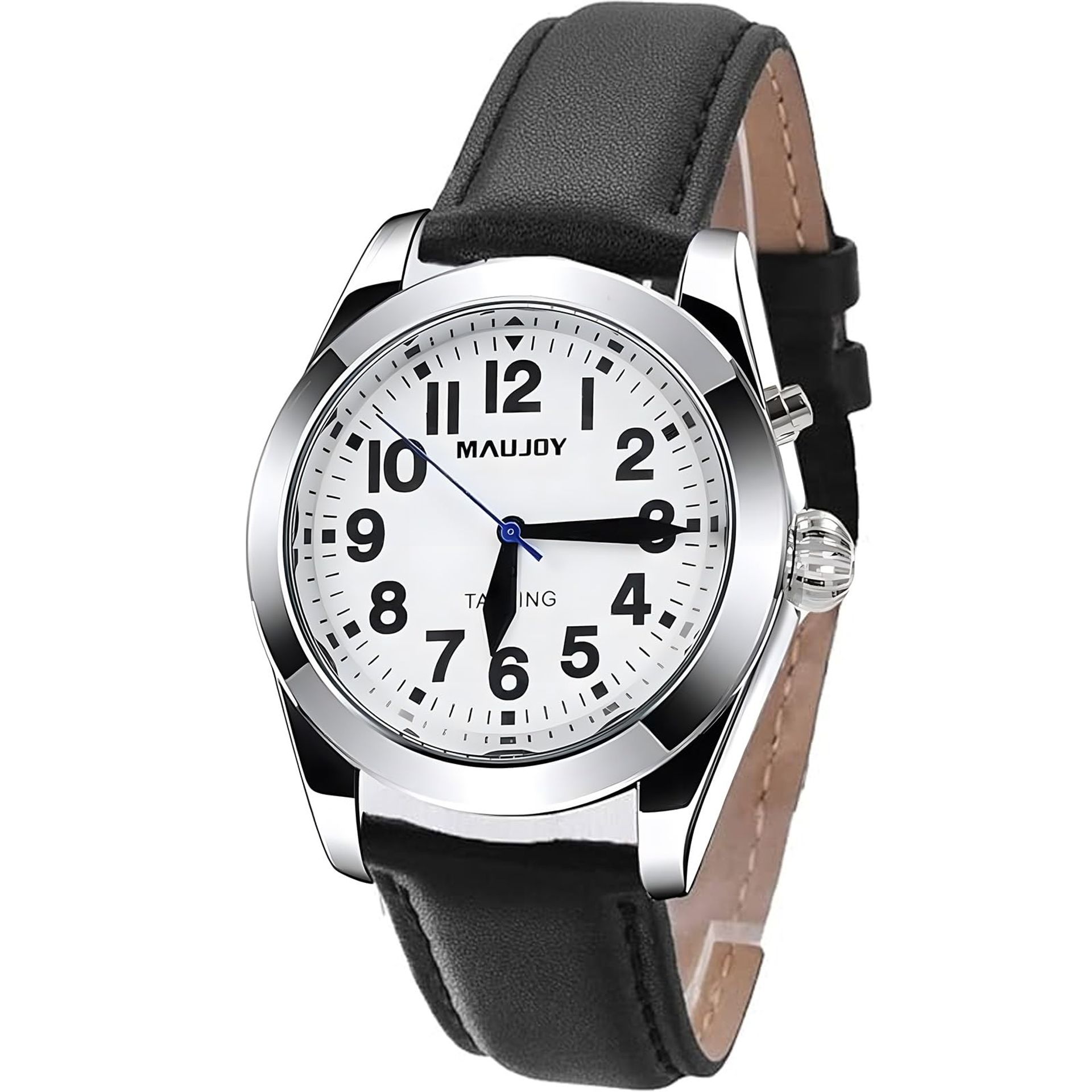Women's Talking Watch Large Clear Dial Speaks Time Date Alarm for Blind and Elderly - Black Leather Style 6